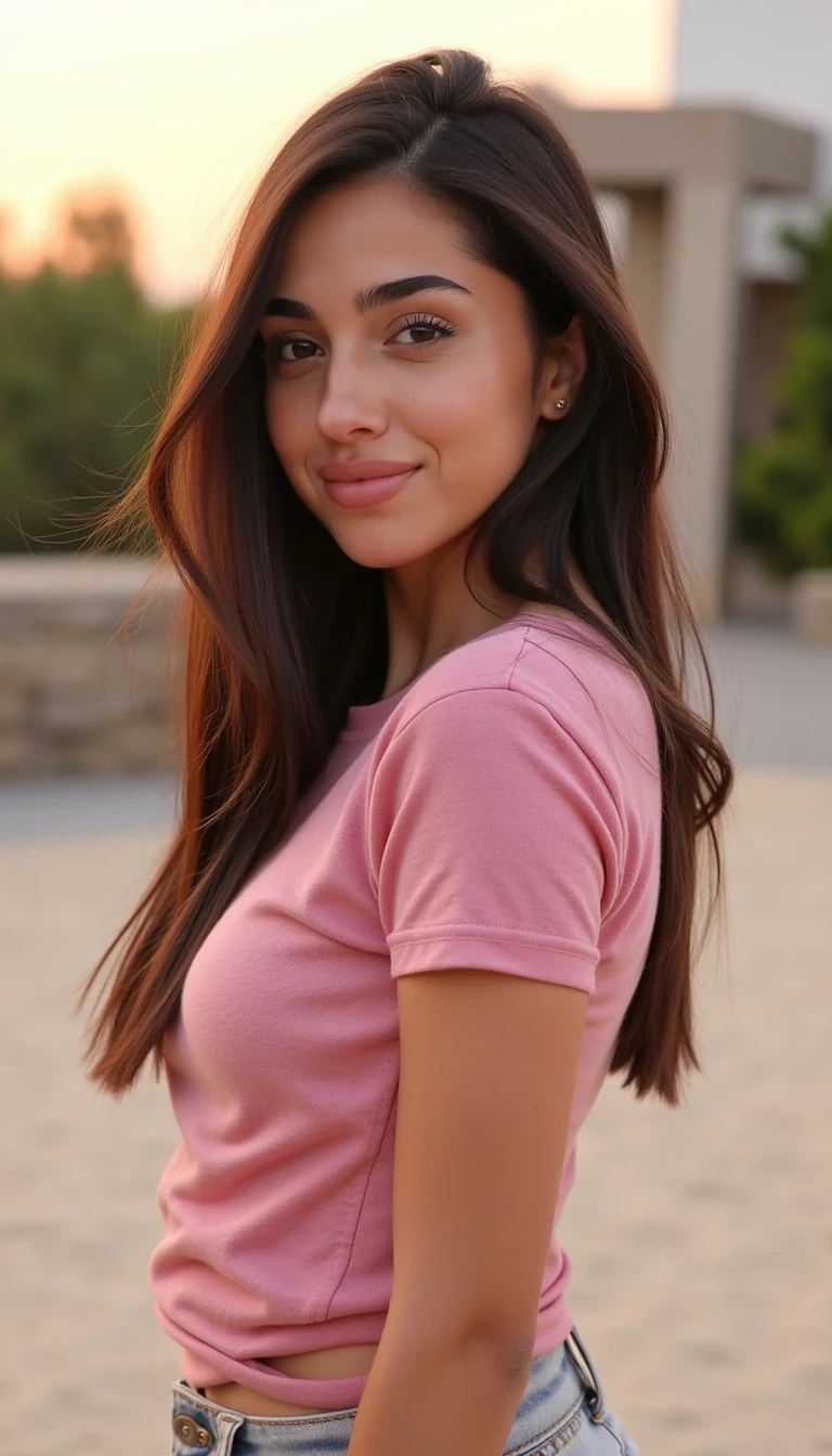 cowboy shot of CSTMDL An 23-year-old latina girl 

with medium long brown hair and stunning bautiful hazelnut eyes, lightly tanned skin, extremely detailed skin, she is 4.9 inches tall, clean face, beautiful smile, 
full glossy lips with natural shine, vibrant look, athletic, well-proportioned figure, 

breasts covered with pink T-shirt, The arms are slender and lightly toned, with soft outlines of the upper arms and shoulders (deltoids). 
The skin appears evenly tanned, smooth.




She’s dressed in a buttoned gingham shirt and chinos.


that accentuates her curves, with a simple yet stylish design.
In an elegant outdoor setting.

She’s at a serene Zen garden with raked sand.


The soft, golden lighting of sunset bathes the scene, enhancing her smooth complexion and highlights.

The composition balances the model with the urban backdrop, creating a harmonious blend of beauty and lifestyle. 
The depth of field subtly blurs the background, emphasizing her figure while still providing context to her surroundings. Technical details include a focus on vibrant colors with a hint of bokeh, ensuring the emotional warmth of the moment is captured effectively. 

Style: Photorealistic Lighting: studio lighting Composition: Medium shot, slight Dutch angle Details: Bright smile, High Detail, 4K