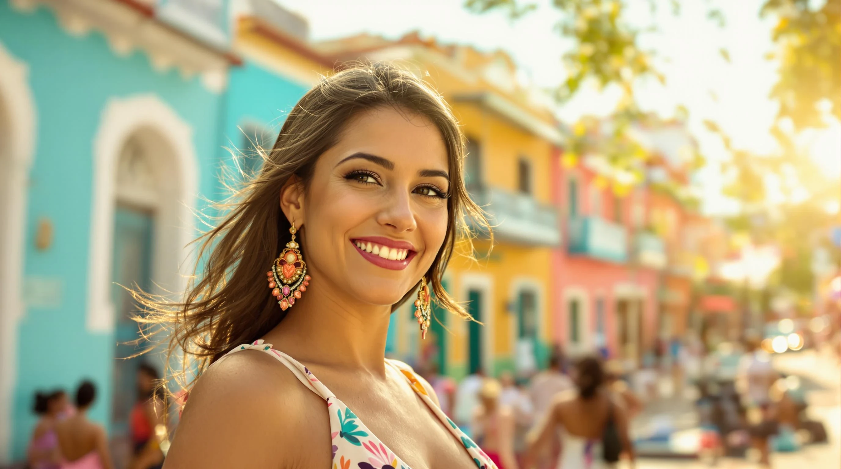 "A super hot Latina woman smiling confidently in a warm, sunlit Latin American street. She wears stylish earrings and a flowing summer dress. In the background, a soft-focus scene of people and colorful colonial houses. Its seems they have a party. Tropical atmosphere with warm tones, golden sunlight, vibrant colors like orange, turquoise, and coral. Cinematic depth, 4K ultra-realistic, photo-style image. Ideal for a reggaeton chill vibe."