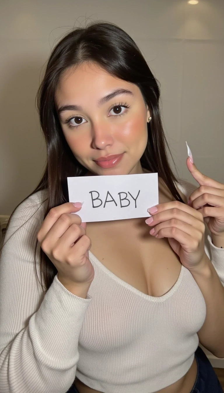 photo of woman CSTMDL, boring low quality snapchat photo circa 2015, cute woman, selfie, holding a paper that says “BABY” , realistic, sun lighting, long sleeve clothes, upper body photo, wall background 