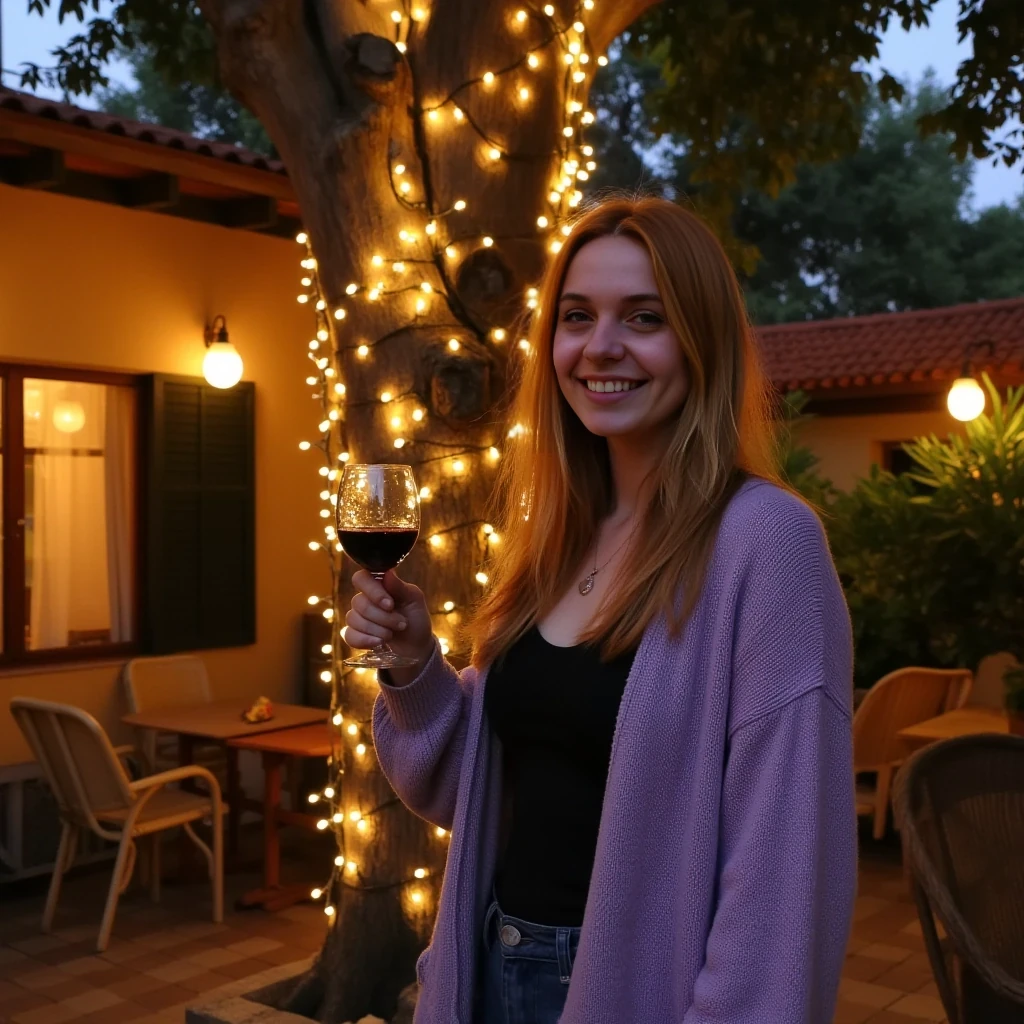 A full body shot photo of a woman standing outdoors at a cozy, warmly lit patio in the evening, with soft, glowing lights wrapped around a tree behind them creating a charming atmosphere. The image is rich in detail, with warm tones and clear textures throughout. The woman has fair skin, a slim build, and long reddish-blonde hair, also worn loose. She is smiling warmly at the camera, holding a glass of red wine in her right hand, and wears a soft-textured lavender cardigan over a black top. The background features a large tree with sparkling string lights wrapped around its trunk and branches, adding a magical touch to the scene. The setting suggests a private outdoor seating area, with elements like terracotta-tiled roofing, greenery, and rattan chairs contributing to a serene, inviting vibe. The overall composition is balanced, with the woman framed against the softly glowing tree, and the lighting enhances the warm, intimate feel of a quiet evening shared among friends. The details are vivid, with textures of clothing, skin, and background elements clearly visible, while the warm lighting creates a relaxed and joyful mood