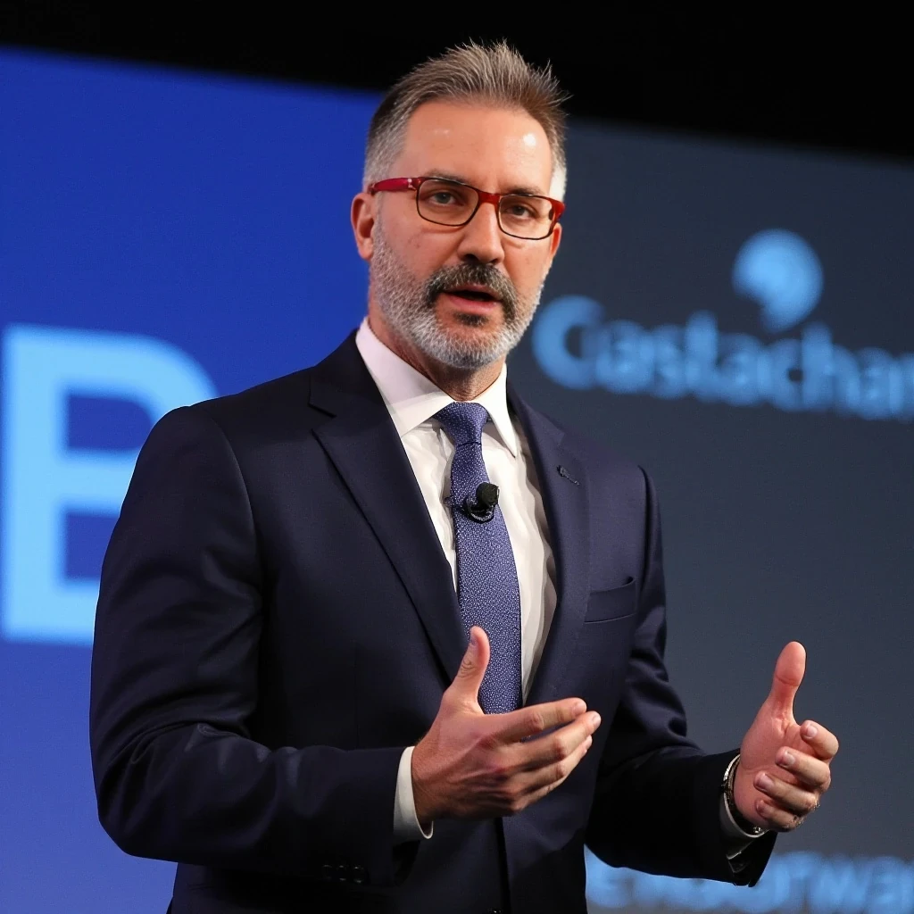 Businessman, with the exact same face as the attached photo and the exact same haircut. He is wearing a suit and modern red Ray-Ban reading glasses. Slim but muscular build, with a beard similar to the one in the photo but more groomed. Hair similar to the photo, with both beard and hair having a blonde base and several gray strands, as in the photo. He is standing, giving a conference with a headset microphone. The photo is front-facing, looking directly at the camera.