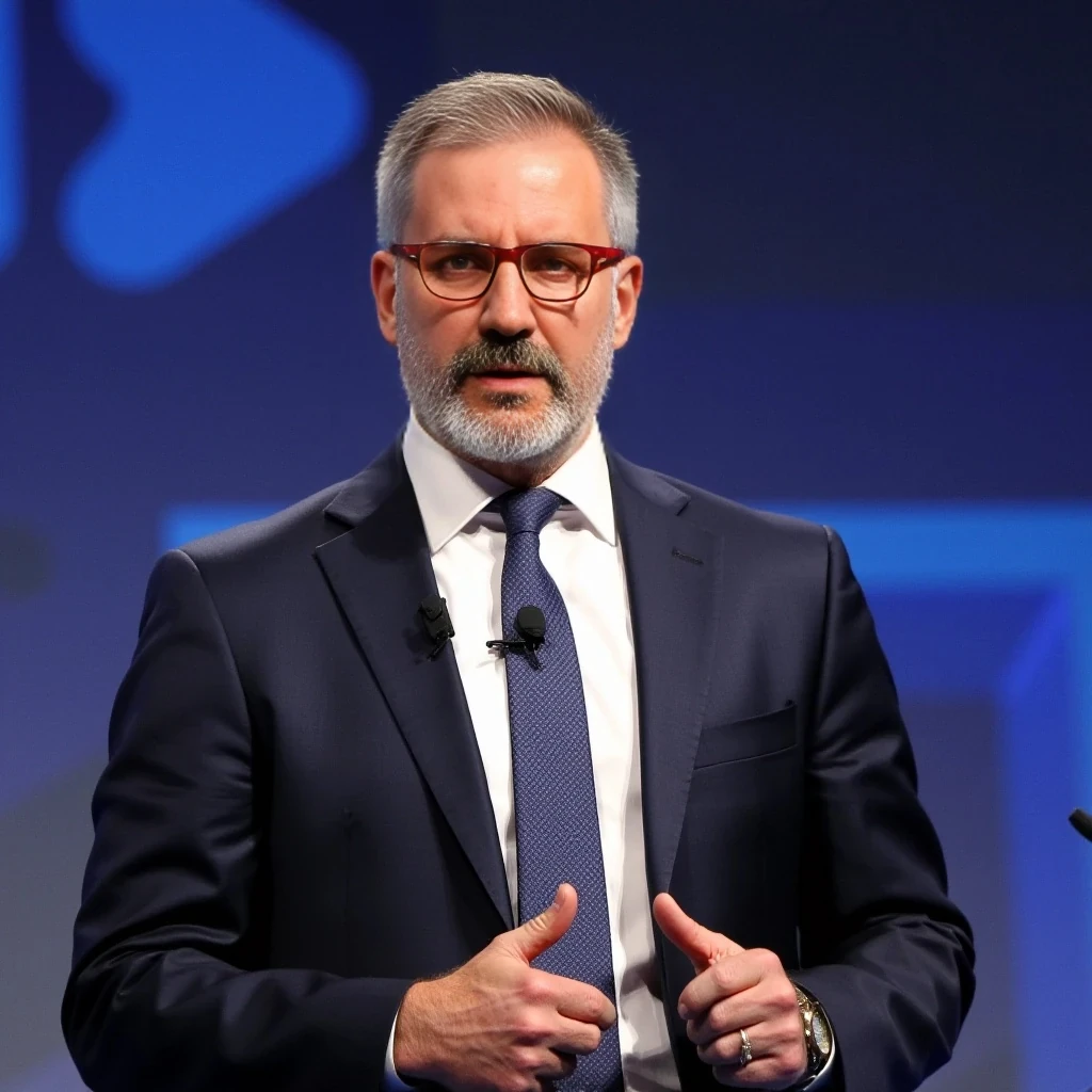 Businessman, with the exact same face as the attached photo and the exact same haircut. He is wearing a suit and modern red Ray-Ban reading glasses. Slim but muscular build, with a beard similar to the one in the photo but more groomed. Hair similar to the photo, with both beard and hair having a blonde base and several gray strands, as in the photo. He is standing, giving a conference with a headset microphone. The photo is front-facing, looking directly at the camera.