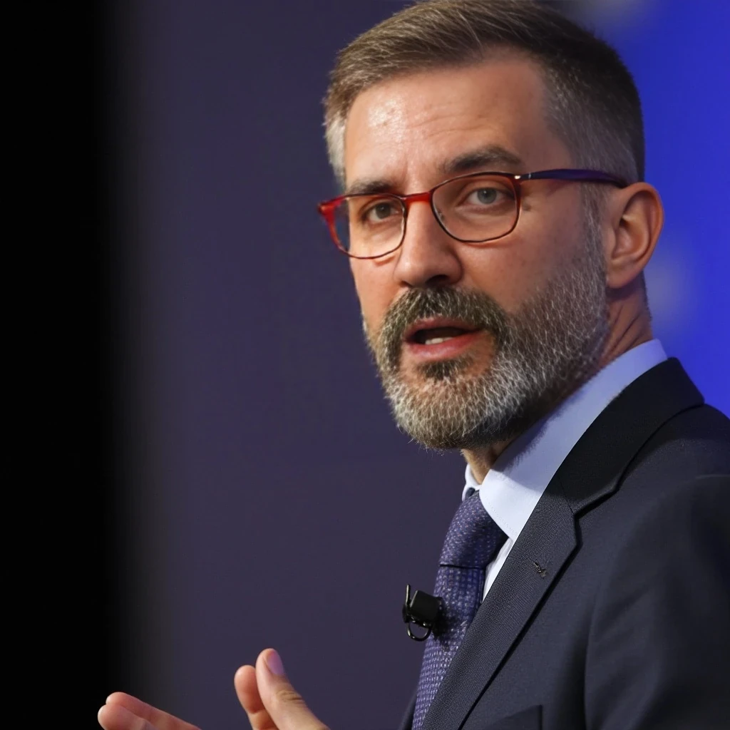 Businessman, with the exact same face as the attached photo and the exact same haircut. He is wearing a suit and modern red Ray-Ban reading glasses. Slim but muscular build, with a beard similar to the one in the photo but more groomed. Hair similar to the photo, with both beard and hair having a blonde base and several gray strands, as in the photo. He is standing, giving a conference with a headset microphone. The photo is front-facing, looking directly at the camera.