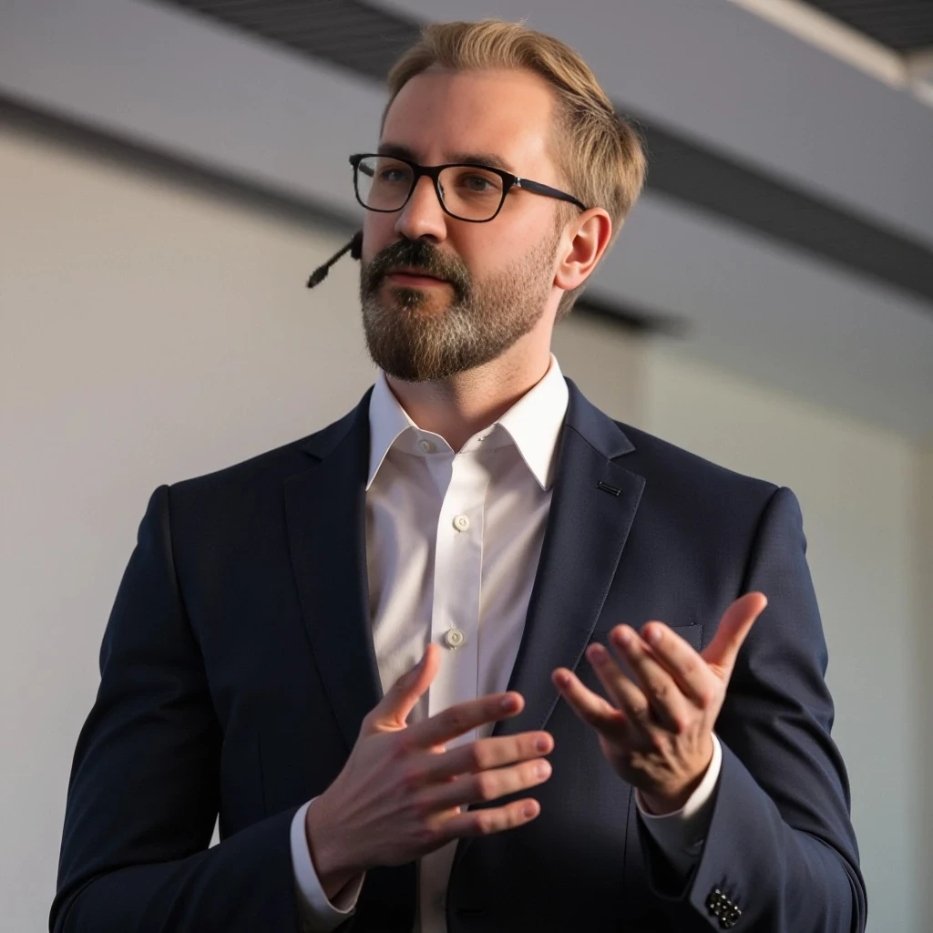 Businessman, with the exact same face as the attached photo and the exact same haircut. He is wearing a suit and modern reading glasses. He is slim but muscular, with a beard like in the photo but more well-groomed. His hair and beard are blond-based with several gray strands, just like in the photo. He is standing, giving a conference, wearing a headset microphone.