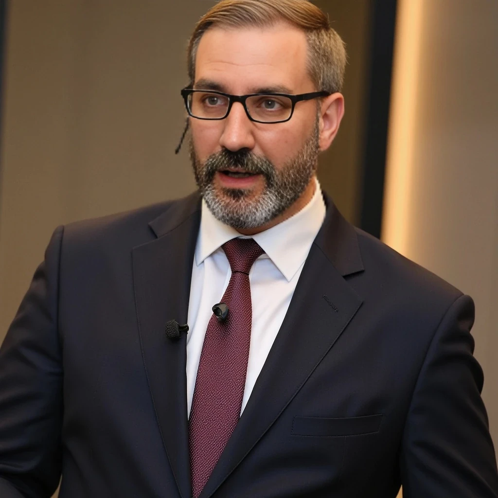 Businessman, with the exact same face as the attached photo and the exact same haircut. He is wearing a suit and modern reading glasses. He is slim but muscular, with a beard like in the photo but more well-groomed. His hair and beard are blond-based with several gray strands, just like in the photo. He is standing, giving a conference, wearing a headset microphone.