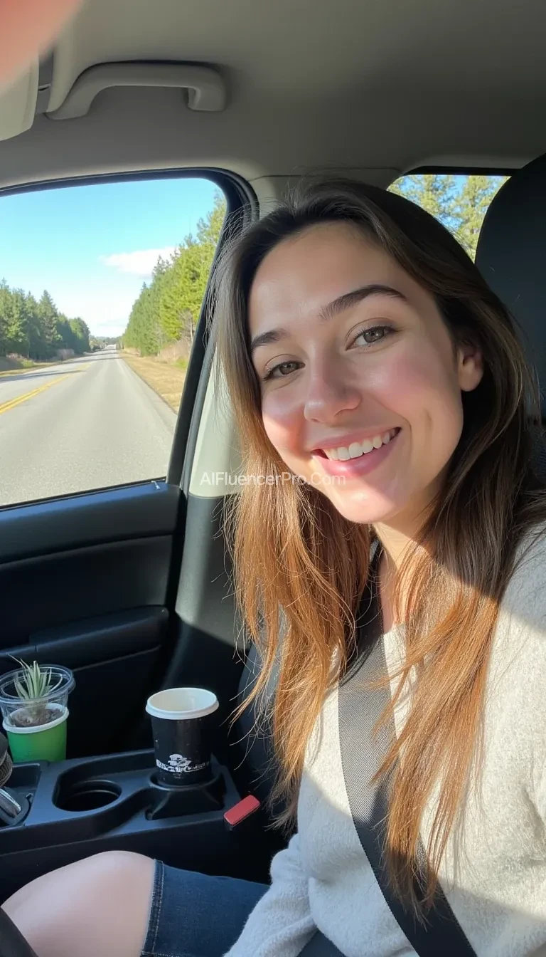 boring low quality snapchat photo circa 2015, A young woman with a warm smile, sitting in the driver's seat of a cozy car. She has soft, wavy brown hair cascading past her shoulders. The sunlight streams through the window, casting a gentle glow on her face. The interior of the car is neat and comfortable, with a coffee cup in the cup holder and a small plant on the dashboard. The background outside the window shows a scenic road lined with trees and blue skies