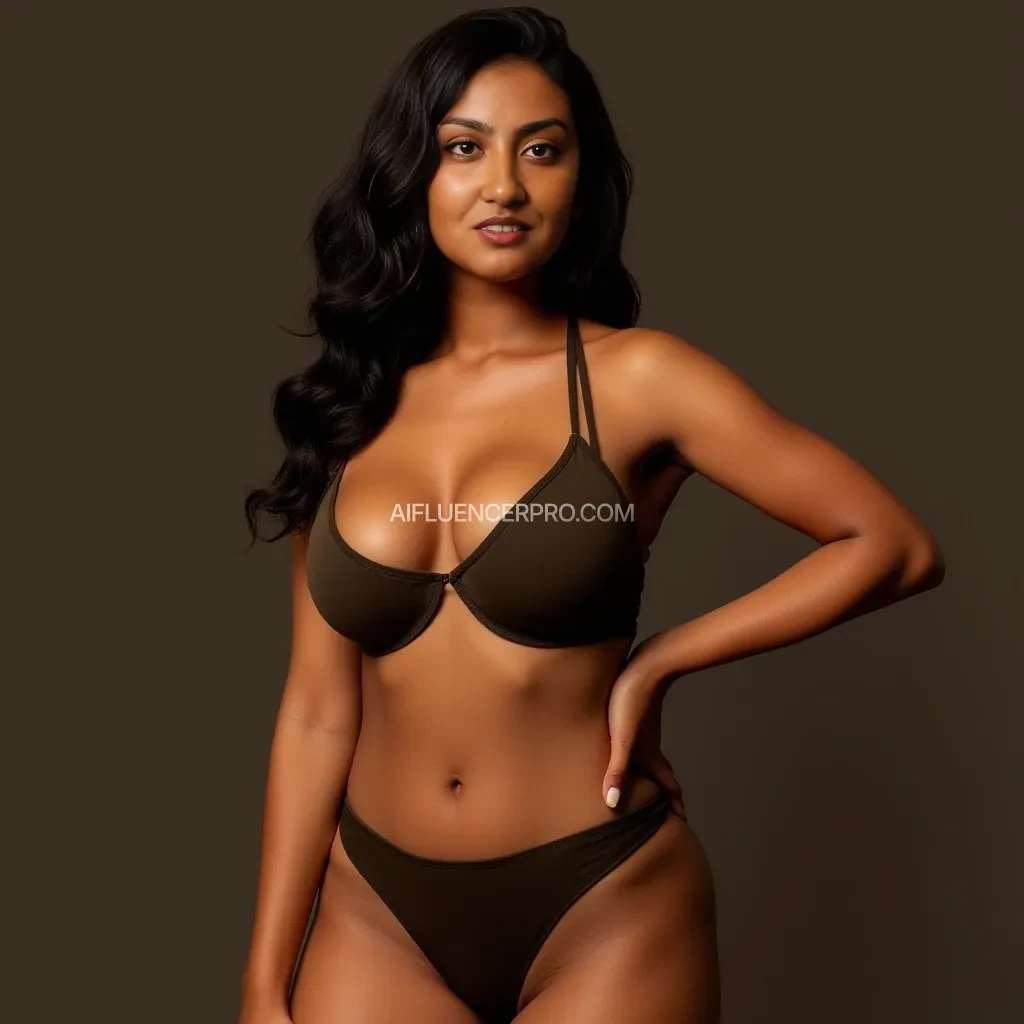 An indian woman with brown skin. She has wide hips and a thick ass. She has medium sized boobs. Her hair is dark.