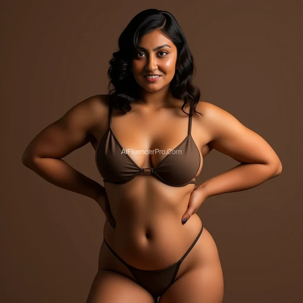 An indian woman with brown skin. She has wide hips and a thick ass. She has medium sized boobs. Her hair is dark.