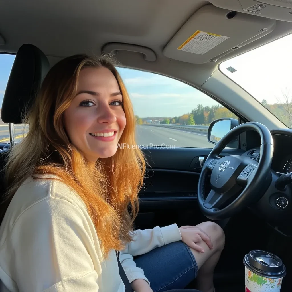 boring low quality snapchat photo circa 2015, A young woman with a warm smile, sitting in the driver's seat of a cozy car. She has soft, wavy auburn hair cascading past her shoulders. The sunlight streams through the window, casting a gentle glow on her face. The interior of the car is neat and comfortable, with a coffee cup in the cup holder and a small plant on the dashboard. The background outside the window shows a scenic road lined with trees and blue skies
