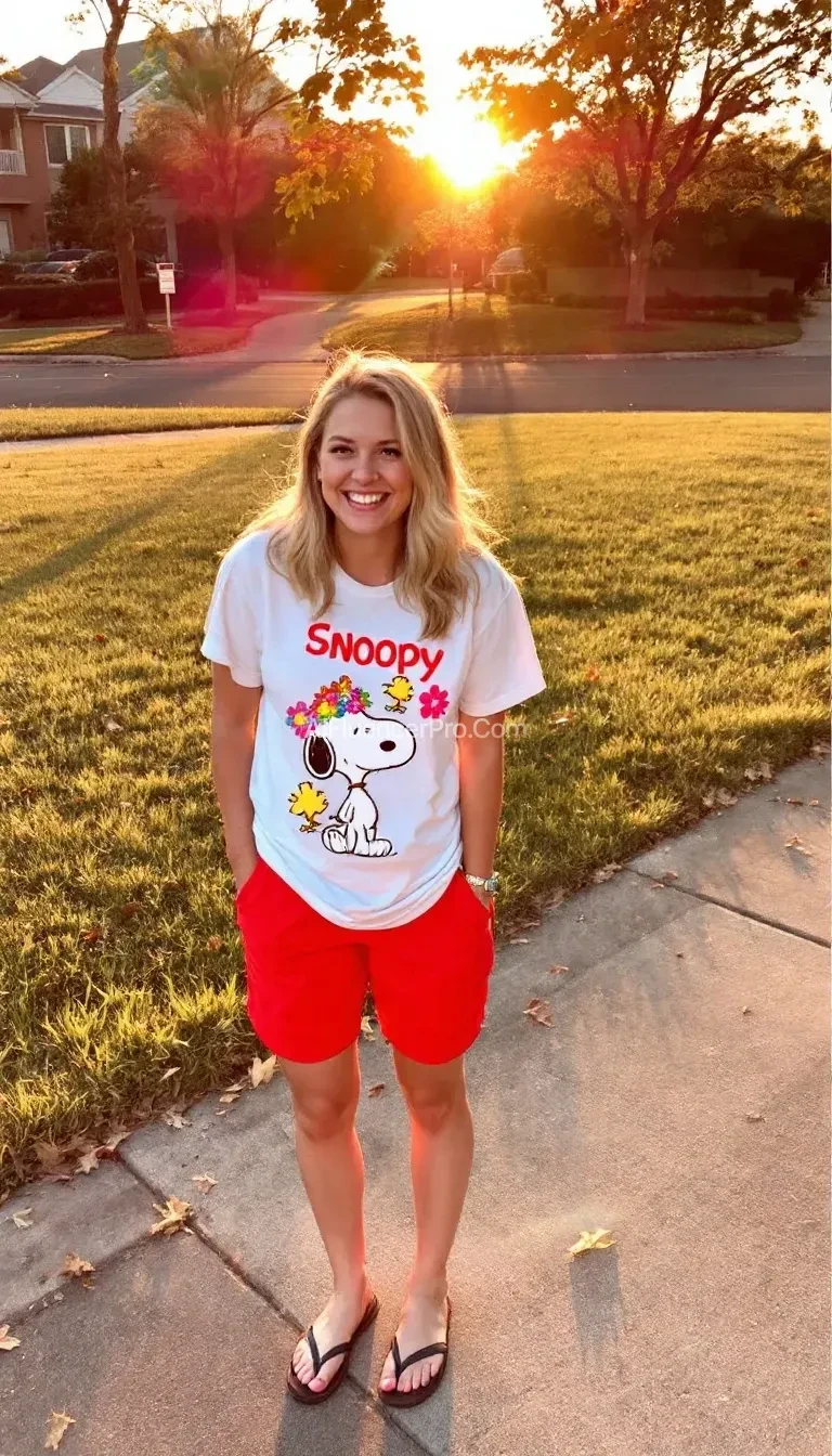 A person stands smiling on a sidewalk, illuminated by the warm glow of a setting sun. They are wearing a white t-shirt with a playful Snoopy and Woodstock design adorned with colorful flowers, paired with bright red shorts. Their relaxed pose and casual flip-flops add to the laid-back atmosphere. In the background, there’s a grassy area with a few scattered leaves, trees, and parts of suburban houses, all bathed in the soft golden light of early evening.
