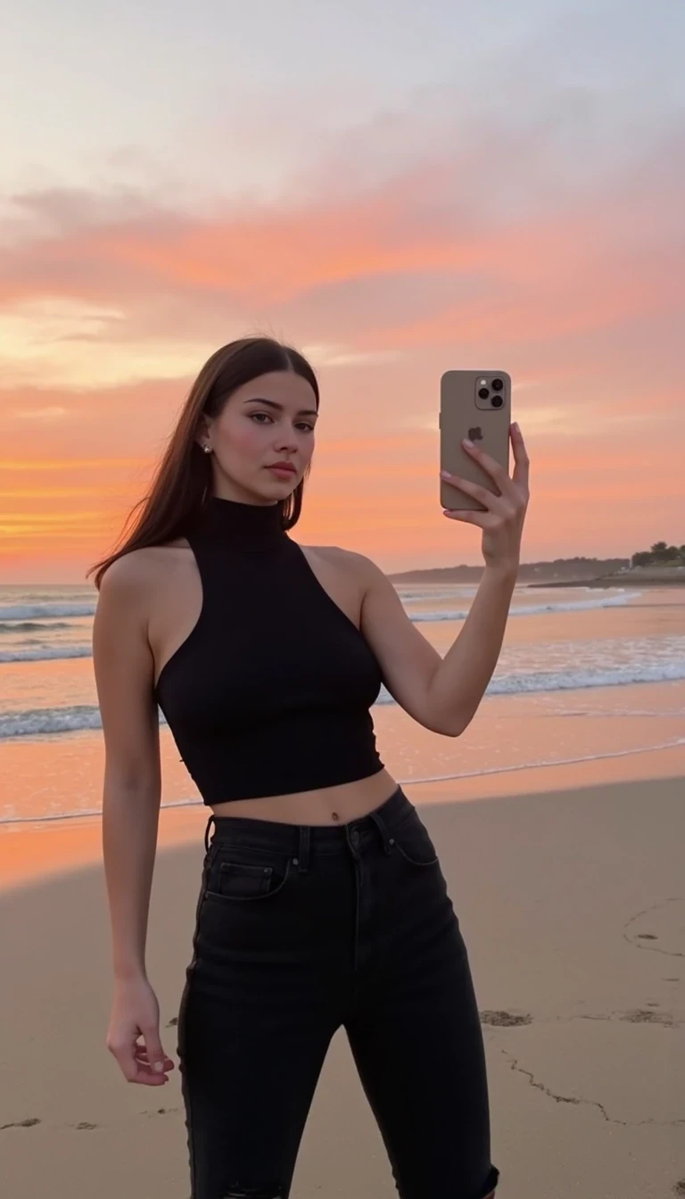 boring low quality snapchat photo circa 2015, CSTMDL at a beach during sunset. The CSTMDL wears a black high-neck tank top and ripped black jeans, casual style. The fading sunlight casts warm orange and pink tones across her face and outfit, with the ocean waves and sandy shore faintly visible in the background. The composition is candid, grainy, and imperfect, evoking the raw look of old 2015 vacation selfies.