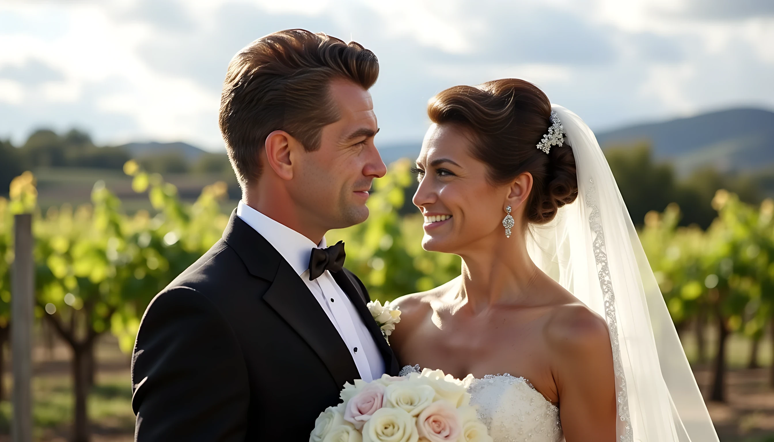 8K ultra detailed photography. The photo is a wedding photography of a 25 years old man CSTMDL, and he's beautiful french brunette girl. Scene is in 2002. He's smiling, short black hair. He wears a wedding tuxedo. Scene is set in the middle of a wineyard