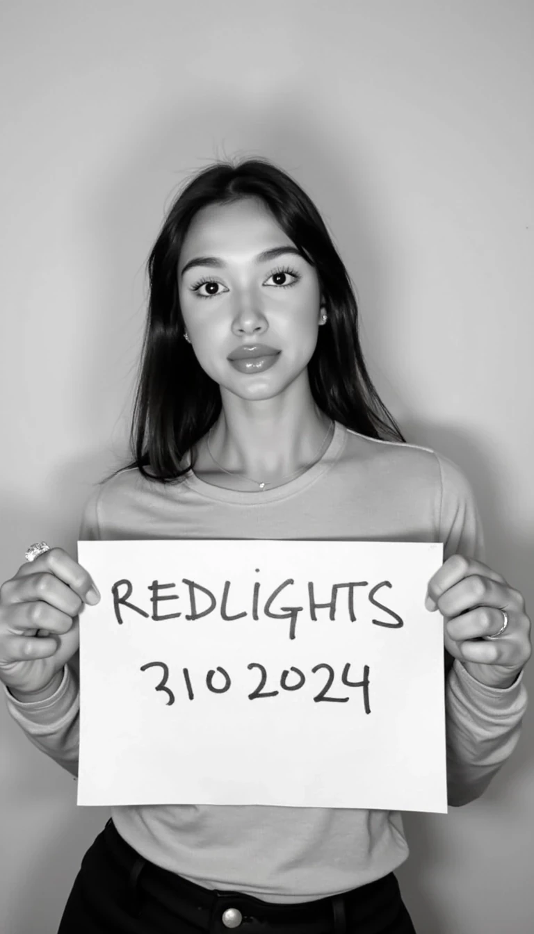 photo of woman CSTMDL,  woman holds a sign with handwritten text. She is wearing long sleeves and has neutral makeup. The sign reads "REDLIGHTS" followed by "31/10/2024" in a simple script. The background is a plain, light-colored wall, providing a minimalist and uncluttered setting.