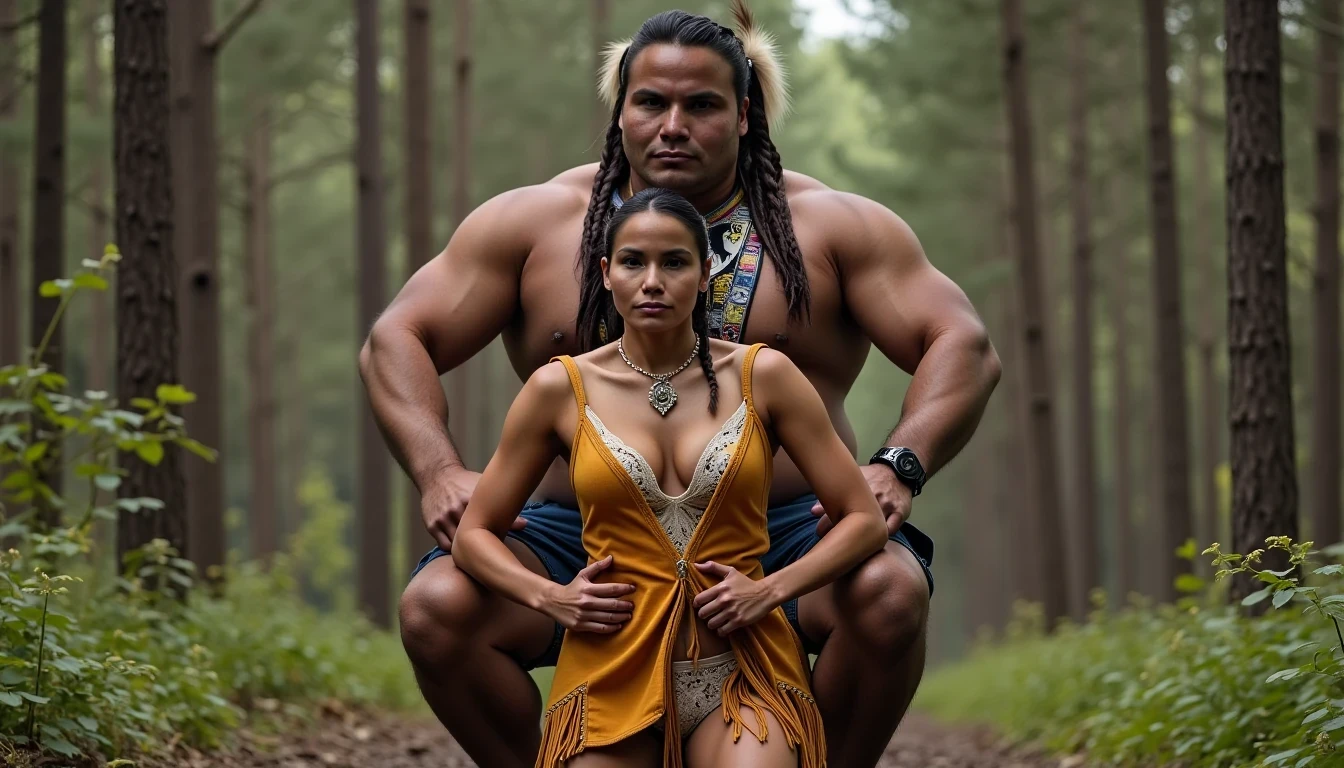 photo of woman CSTMDL, a medium shot photo of, a slim woman, her full body is in the scene, she has a slender petite build with petite small boobs and a flat chest, she has small dark skin nipples with long pointy nipple ducts and small dark skinned areolas, her hair is styled with two long braids she has eagle plumes in her hair, she is not wearing earrings, she is wearing daisy duke denim booty shorts, she is wearing a native American style vest in a golden yellow color over top of her underwear, her vest is open exposing her strapless bra, her bra is a strapless white lace bra, she is wearing white lace panties, she is wearing ankle height smoked hide moccasins, natural lighting, natural light, amateur photography, shot on an iPhone, she is standing with her legs spread wide apart in a densely wooded forest, she is maintaining intense eye contact with the camera, there is a giant native American fat man three times her height kneeling directly behind her holding onto gripping the woman's waistline, the man is holding her in front of him, the man is a real giant three times the height of an average male, public setting, Hyper realism, ultra-sharp focus, highly detailed, natural lighting, natural light, amateur photography, she has her hands placed by her side 
