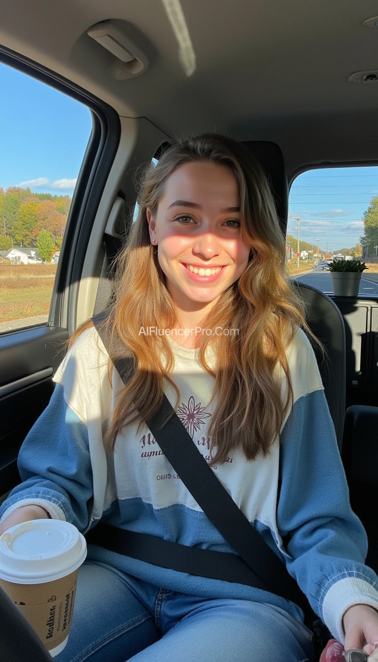 boring low quality snapchat photo circa 2015, A young woman with a warm smile, sitting in the driver's seat of a cozy car. She has soft, wavy brown hair cascading past her shoulders. The sunlight streams through the window, casting a gentle glow on her face. The interior of the car is neat and comfortable, with a coffee cup in the cup holder and a small plant on the dashboard. The background outside the window shows a scenic road lined with trees and blue skies