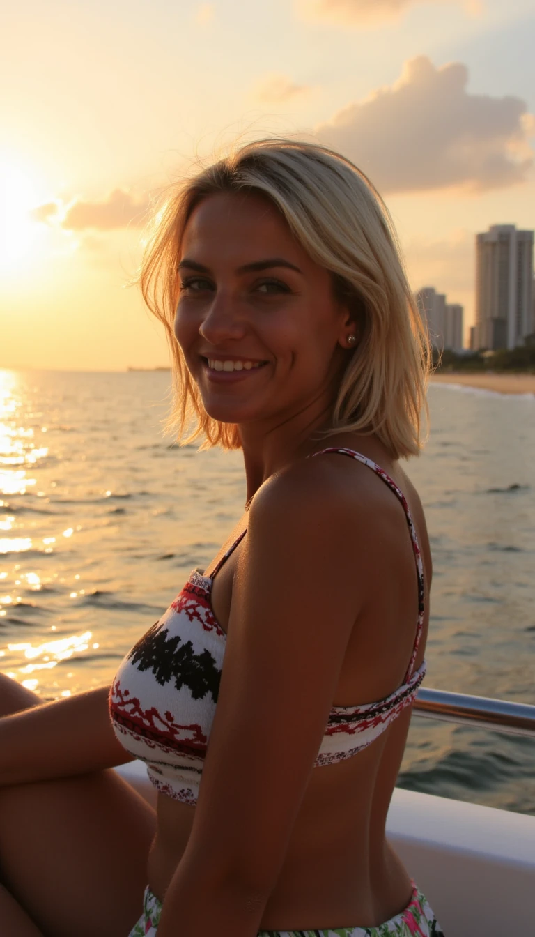 generate a photo of a 26 year old blonde woman on a yacht with the background being miami during a sunset, do not blur the background. make the women's face look like the seed that was provided in the prompt