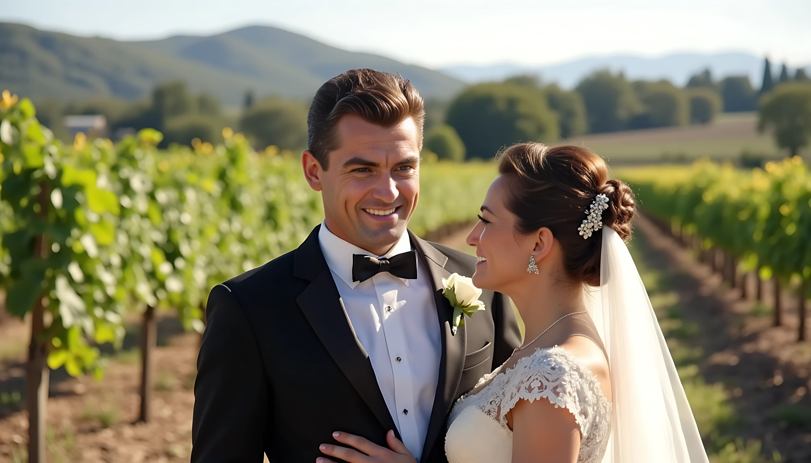 8K ultra detailed photography. The photo is a wedding photography of a 25 years old man CSTMDL, and is beautiful french brunette girl. Scene is in 2002. He's smiling, short black hair. He wears a wedding tuxedo. Scene is set in the middle of a wineyard