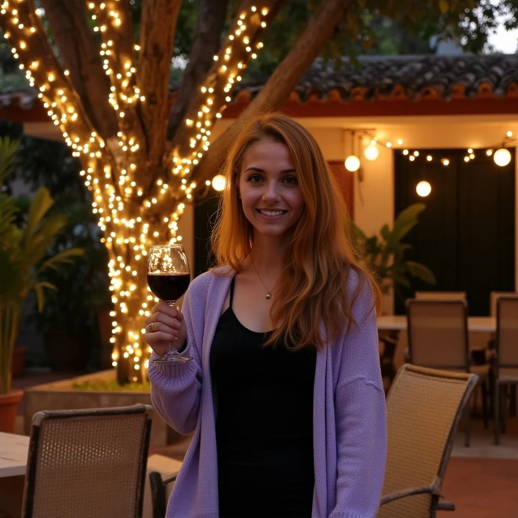 A full body shot photo of a woman standing outdoors at a cozy, warmly lit patio in the evening, with soft, glowing lights wrapped around a tree behind them creating a charming atmosphere. The image is rich in detail, with warm tones and clear textures throughout. The woman has fair skin, a slim build, and long reddish-blonde hair, also worn loose. She is smiling warmly at the camera, holding a glass of red wine in her right hand, and wears a soft-textured lavender cardigan over a black top. The background features a large tree with sparkling string lights wrapped around its trunk and branches, adding a magical touch to the scene. The setting suggests a private outdoor seating area, with elements like terracotta-tiled roofing, greenery, and rattan chairs contributing to a serene, inviting vibe. The overall composition is balanced, with the woman framed against the softly glowing tree, and the lighting enhances the warm, intimate feel of a quiet evening shared among friends. The details are vivid, with textures of clothing, skin, and background elements clearly visible, while the warm lighting creates a relaxed and joyful mood