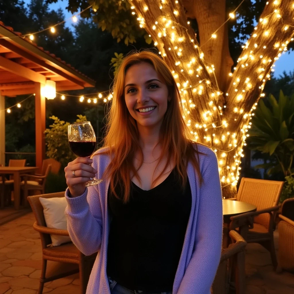 A full body shot photo of a woman standing outdoors at a cozy, warmly lit patio in the evening, with soft, glowing lights wrapped around a tree behind them creating a charming atmosphere. The image is rich in detail, with warm tones and clear textures throughout. The woman has fair skin, a slim build, and long reddish-blonde hair, also worn loose. She is smiling warmly at the camera, holding a glass of red wine in her right hand, and wears a soft-textured lavender cardigan over a black top. The background features a large tree with sparkling string lights wrapped around its trunk and branches, adding a magical touch to the scene. The setting suggests a private outdoor seating area, with elements like terracotta-tiled roofing, greenery, and rattan chairs contributing to a serene, inviting vibe. The overall composition is balanced, with the woman framed against the softly glowing tree, and the lighting enhances the warm, intimate feel of a quiet evening shared among friends. The details are vivid, with textures of clothing, skin, and background elements clearly visible, while the warm lighting creates a relaxed and joyful mood
