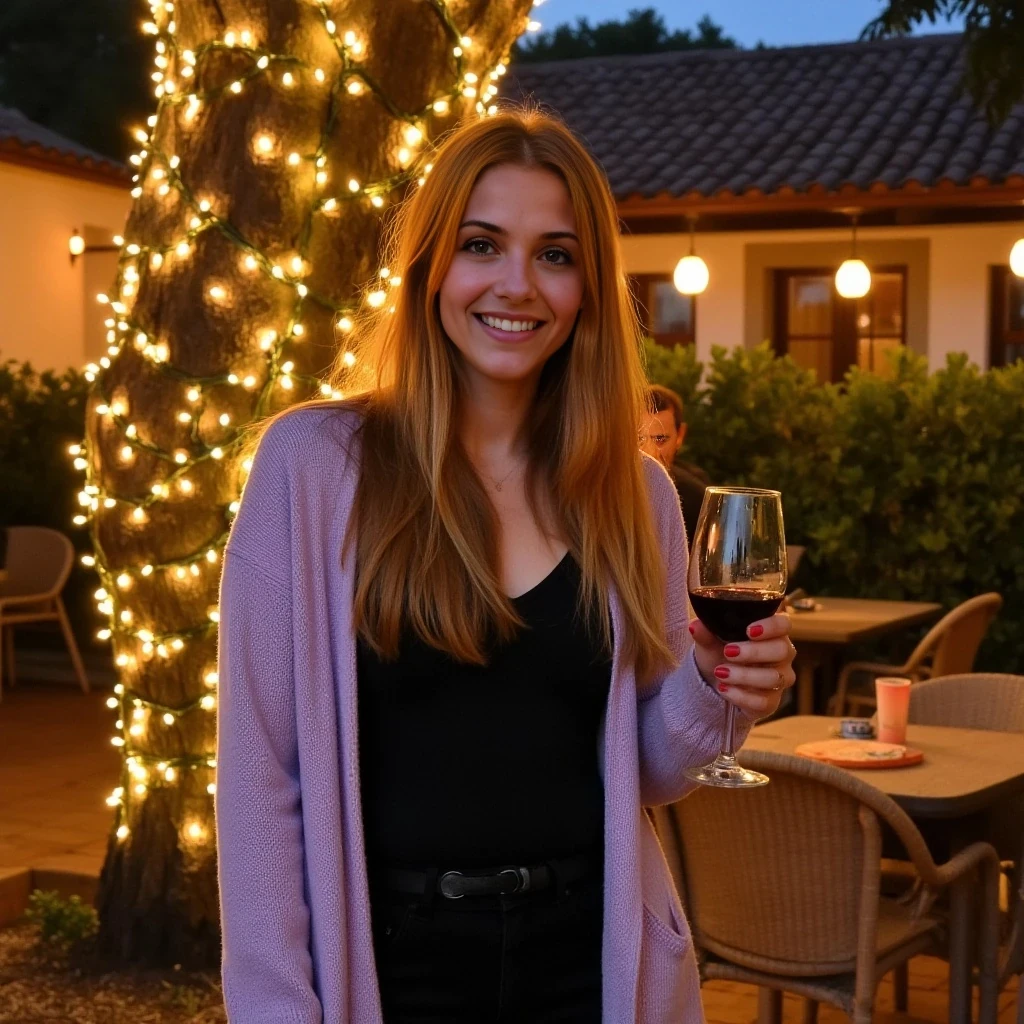 A full body shot photo of a woman standing outdoors at a cozy, warmly lit patio in the evening, with soft, glowing lights wrapped around a tree behind them creating a charming atmosphere. The image is rich in detail, with warm tones and clear textures throughout. The woman has fair skin, a slim build, and long reddish-blonde hair, also worn loose. She is smiling warmly at the camera, holding a glass of red wine in her right hand, and wears a soft-textured lavender cardigan over a black top. The background features a large tree with sparkling string lights wrapped around its trunk and branches, adding a magical touch to the scene. The setting suggests a private outdoor seating area, with elements like terracotta-tiled roofing, greenery, and rattan chairs contributing to a serene, inviting vibe. The overall composition is balanced, with the woman framed against the softly glowing tree, and the lighting enhances the warm, intimate feel of a quiet evening shared among friends. The details are vivid, with textures of clothing, skin, and background elements clearly visible, while the warm lighting creates a relaxed and joyful mood