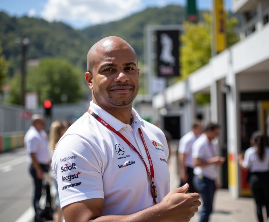 F1 Paddock , t shirt and khakis,  same face of Carter with bald head, lean look, cstmdl