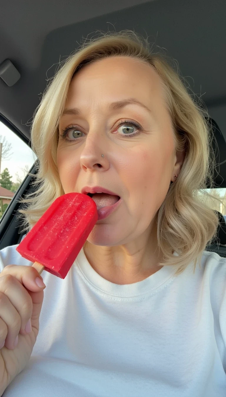 photo of CSTMDL, licking red popsicle, show tongue.  Remove wrinkles on my face.  