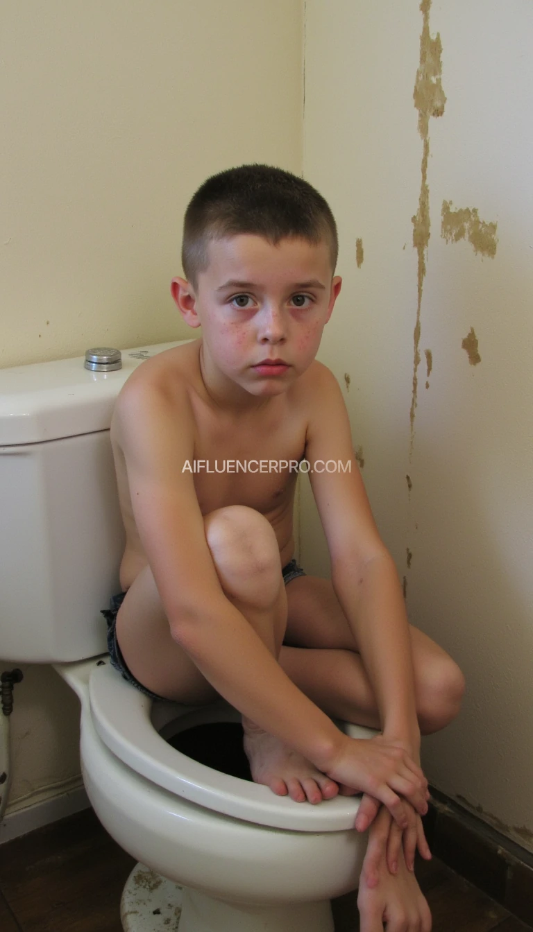 a white boy 14 years old with acne and a crop haircut on the toilet with watery shit and shit all over the walls