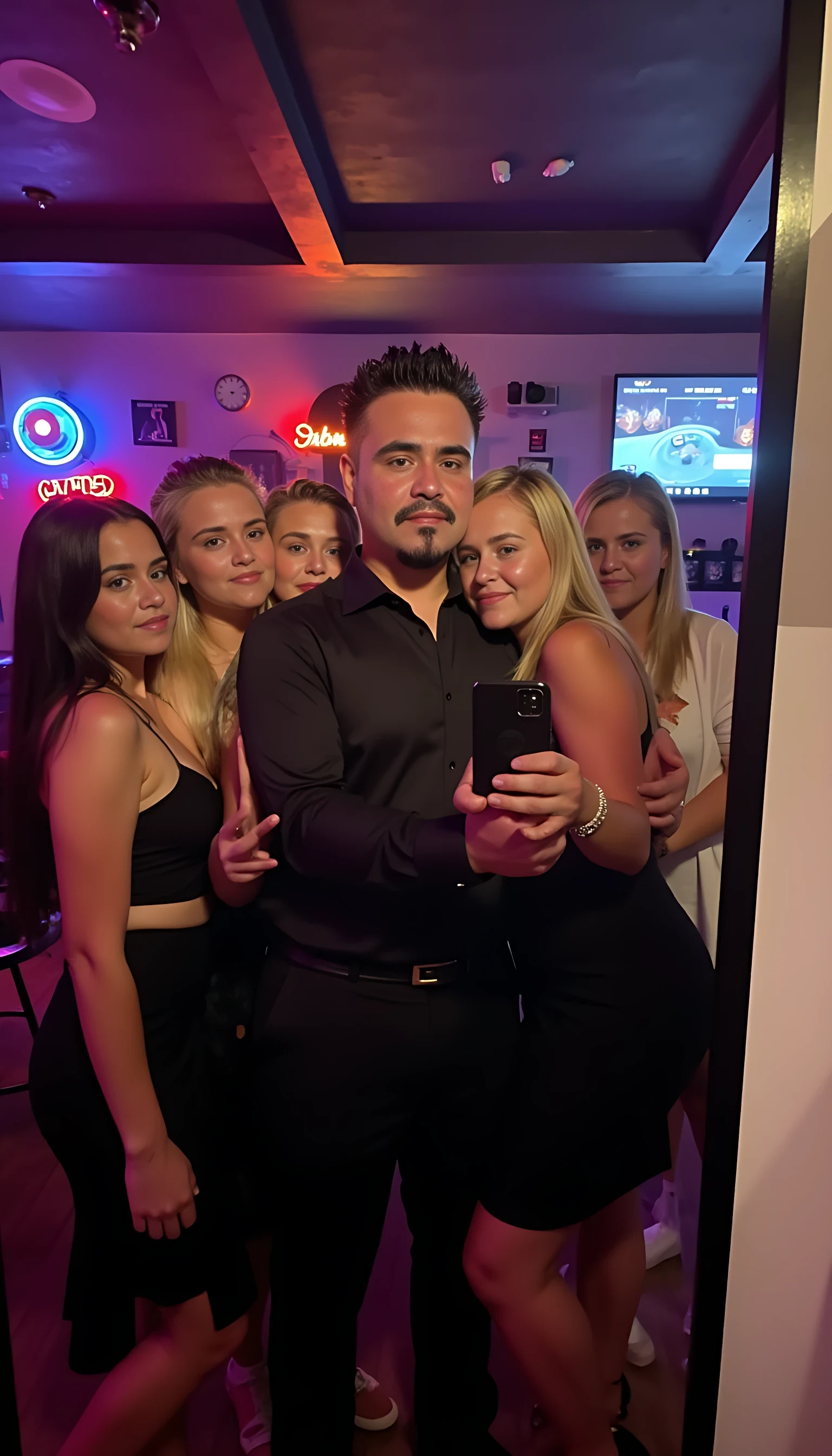Selfie in a  mirror full man body wearing a  nice black dress shirt   Hugging with 5 blonde girls in a nightclub background 
