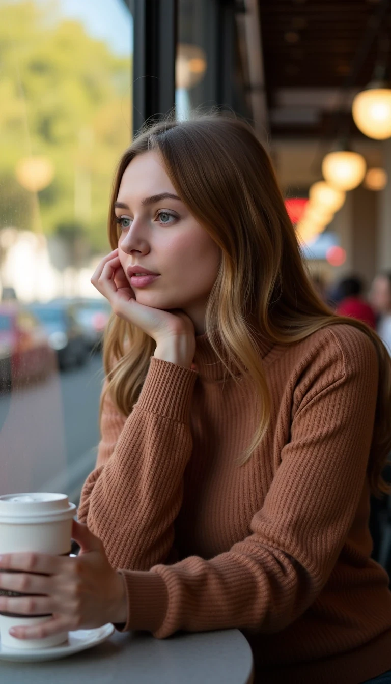 Young woman with soft light brown hair, sitting alone at a cozy café table by a window, wearing a casual sweater. The light from the late afternoon sun filters through the window, casting a warm glow on her face and creating soft shadows. She’s holding a coffee cup, looking thoughtfully out the window, with gentle bokeh lights from the café interior in the background.
