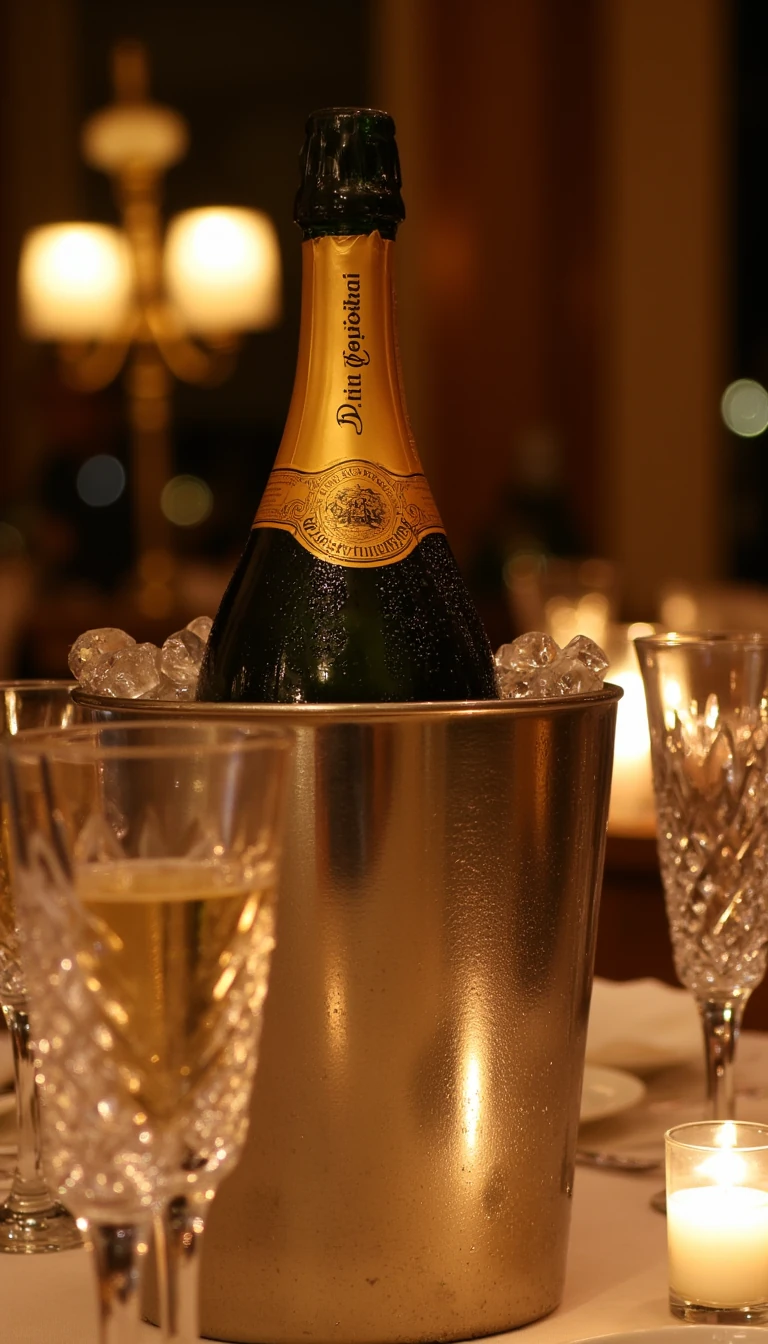 
boring low quality around 2015 photo snapchat type,  close-up of a Dom Pérignon champagne bottle in an ice bucket, water droplets on the glass, golden foil details, luxury table setting with crystal glasses, warm candlelight reflections, cinematic depth of field