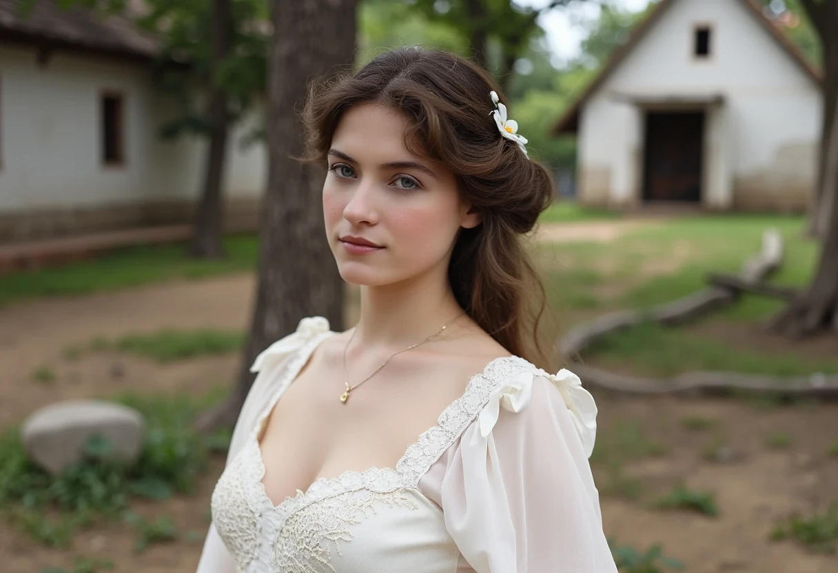 woman CSTMDL, brunette, blue eyes, cold smile, 1900 white clothes, tied hair, big breast, medium shot, cambodian khmer ruins in background