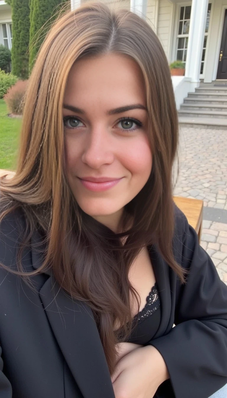 boring low quality snapchat photo circa 2015, woman model wearing (black lingerie garterbelts black lingerie garterbelts black stockings stockings), feminine hourglass in front of luxury villa, suit, classy, intelligent, , cute woman, soft light brown hair, selfie