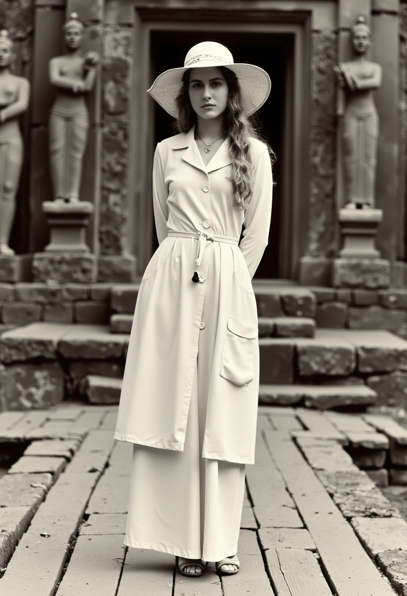 A photo of a woman CSTMDL, hair tied, stands confidently in front of an ancient Cambodian Khmer temple, wearing a vintage 1900 inspired, cream-colored suit with a long coat and wide-legged dress. She wears a small pendant. The photo is an old black and white type. She dons a vintage white explorer hat adorned with a decorative band, and her hands are gently crossed behind her back. The background features large stone statues and intricate carvings, evoking a sense of historical grandeur. The wooden walkway beneath her adds a touch of rustic charm to the scene.