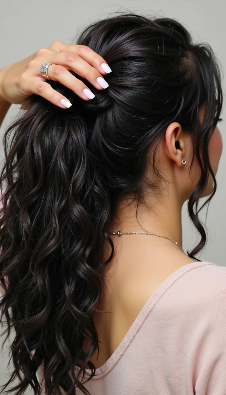 Woman with long curly black hair up in a ponytail         showing white nail polish
