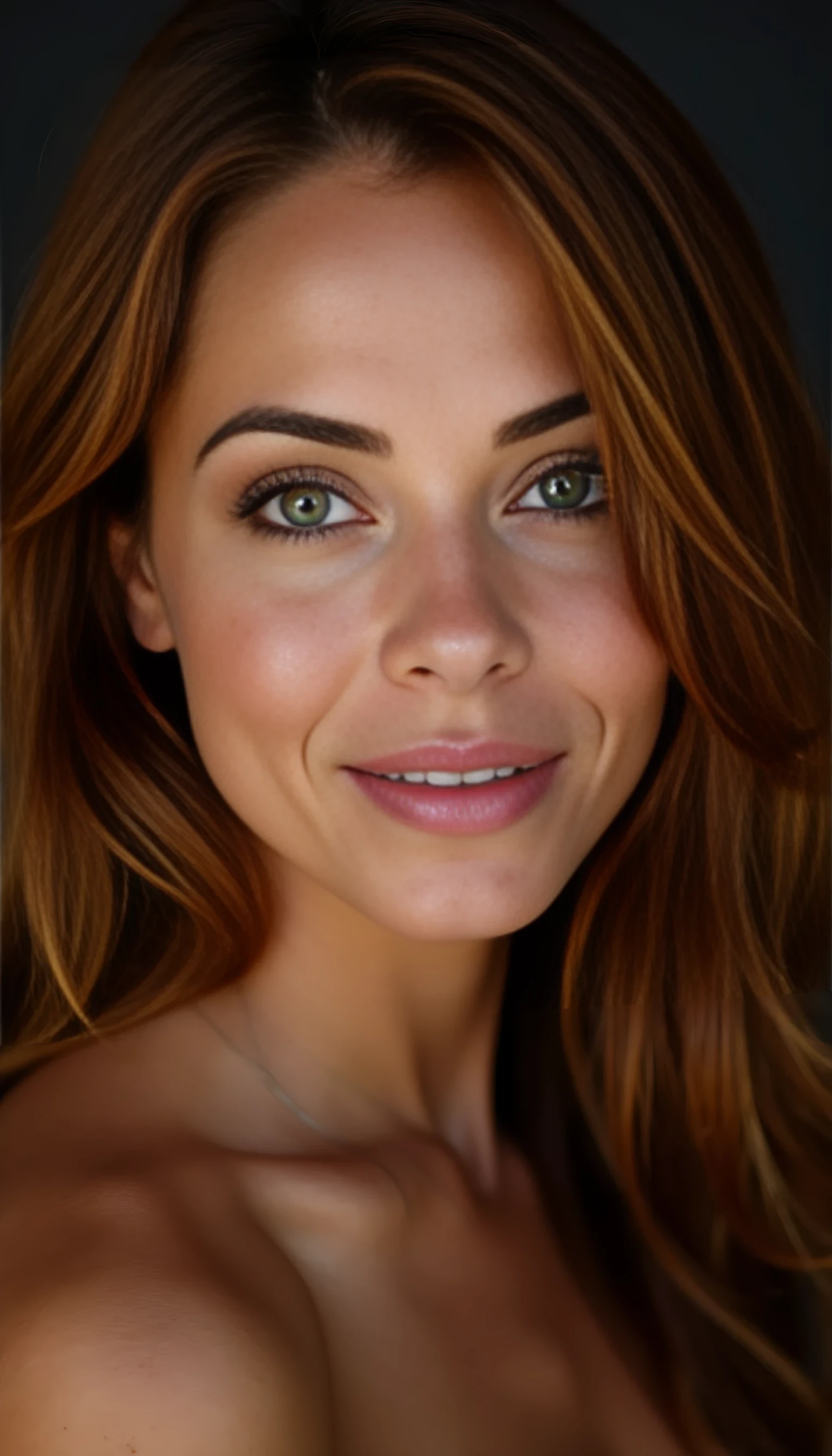 A portrait photo of a beautiful 42 years old model, mixed ethnicity of half white American half Brazilian, with dark auburn hair, piercing emerald eyes, ultra detailed eyes with sharp iris reflections, slight smile, studio-quality, extremely realistic HD and lightining