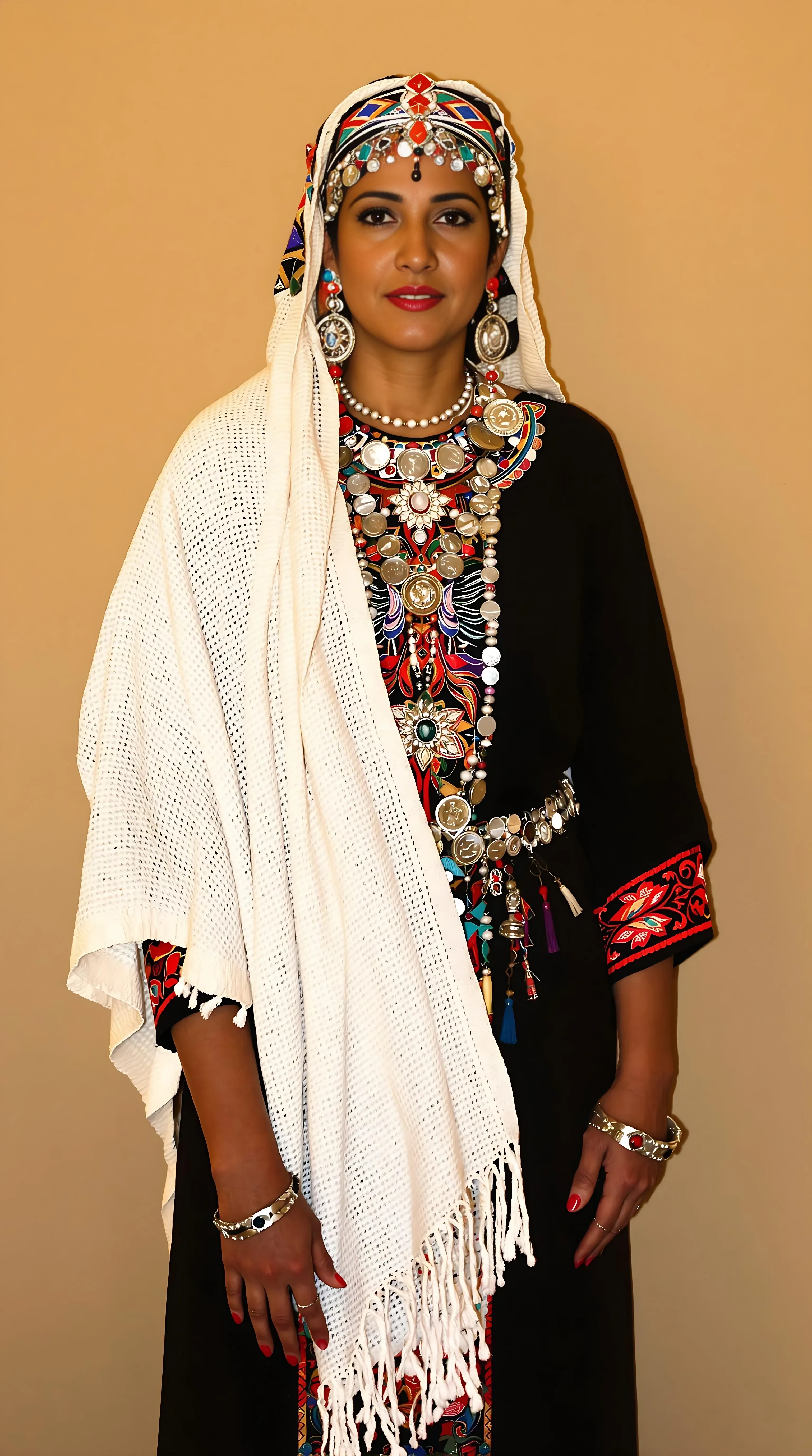 A realistic full-body portrait of a Moroccan Berber woman standing in a dignified pose. She is wearing traditional Amazigh clothing, including a black dress with intricate embroidery, a white woven shawl draped over her shoulders, and detailed silver jewelry featuring coins and coral stones. Her head is covered with a traditional Berber headpiece, adorned with beads and vibrant patterns. The pose is stoic and elegant, with her hands resting naturally at her sides. The lighting is soft and warm, and the background is plain, emphasizing the intricate details of her traditional attire and jewelry. The overall look reflects authentic Amazigh heritage and cultural accuracy
