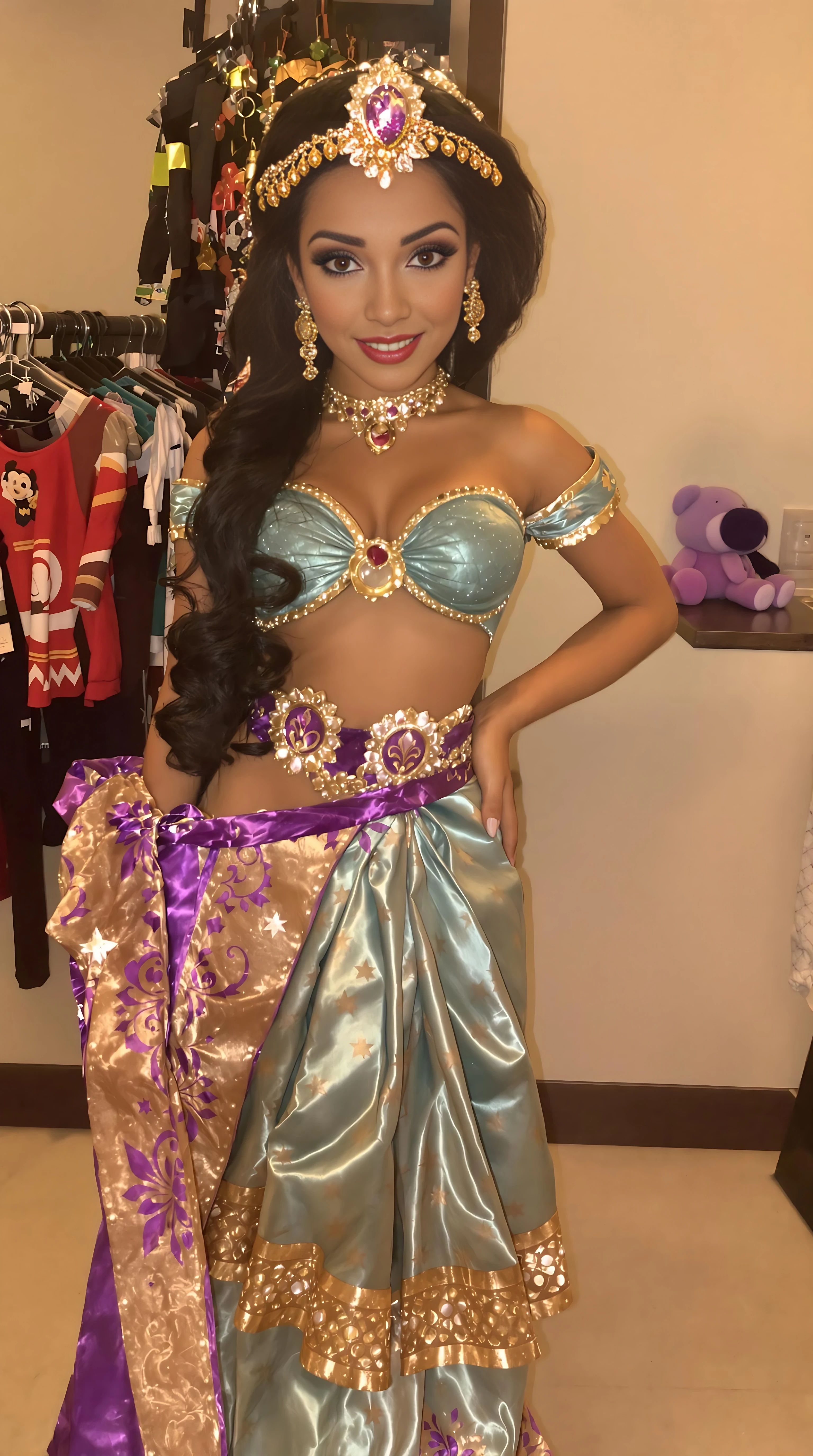 Short 5,2 height smooth tan complexion mexican latina girl wearing a Disney princess Jasmine costume and she looks sexy as fuck in it,