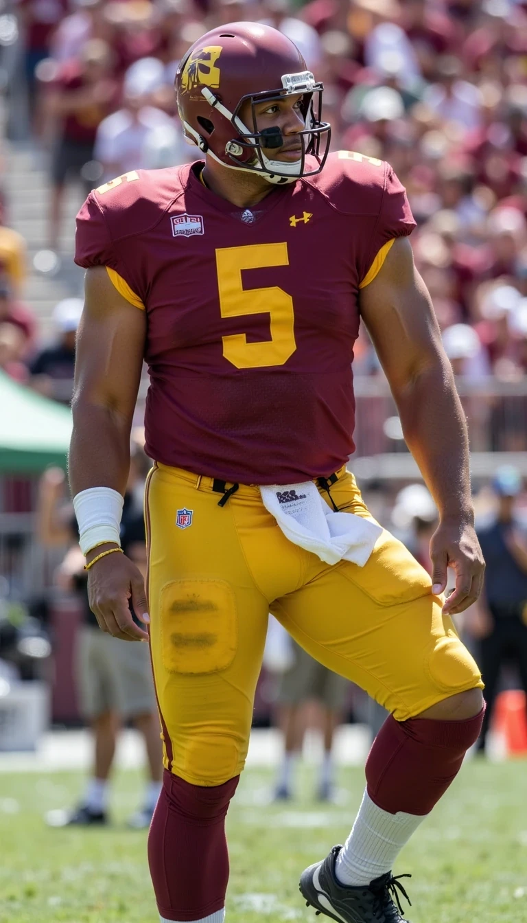 Gritty 90’s, wearing Arizona State university (yellow pitch fork logo)#5 football jersey, standing on sideline, Adidas logo on Pants and Jersey headset on as QB, far view same face of Carter with bald head, lean look, cstmdl