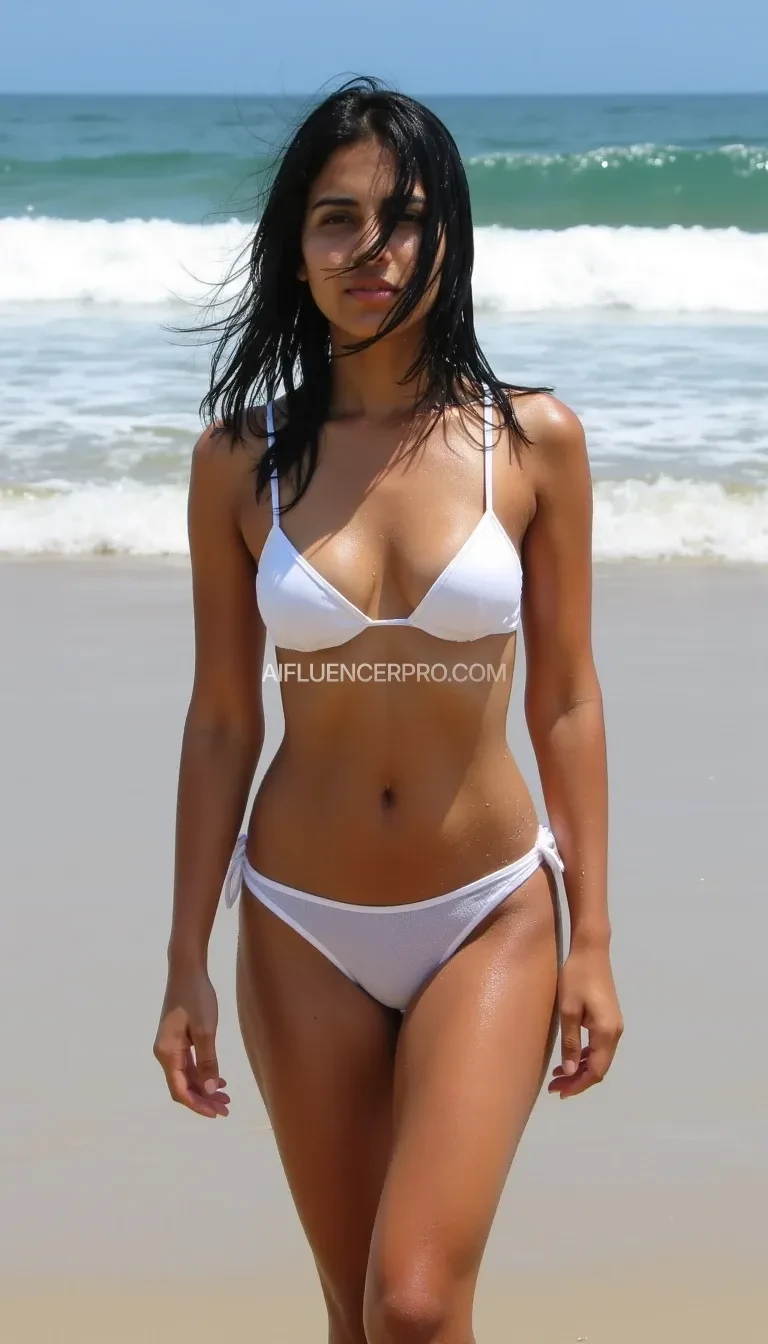 A short but extremely cute fit young Indian woman with a perfect pear shaped body and wide hips on a beach in the pouring rain. She is 4'11" approximately 50kg, and has a Fit athletic body (32C bust, 26" waist, 38" hips).

She is wearing an inappropriately tiny and very flimsy sheer tight white bikini. Her body is wet and her bikini is soaked thoroughly to the point of translucency. Her body is glistening.