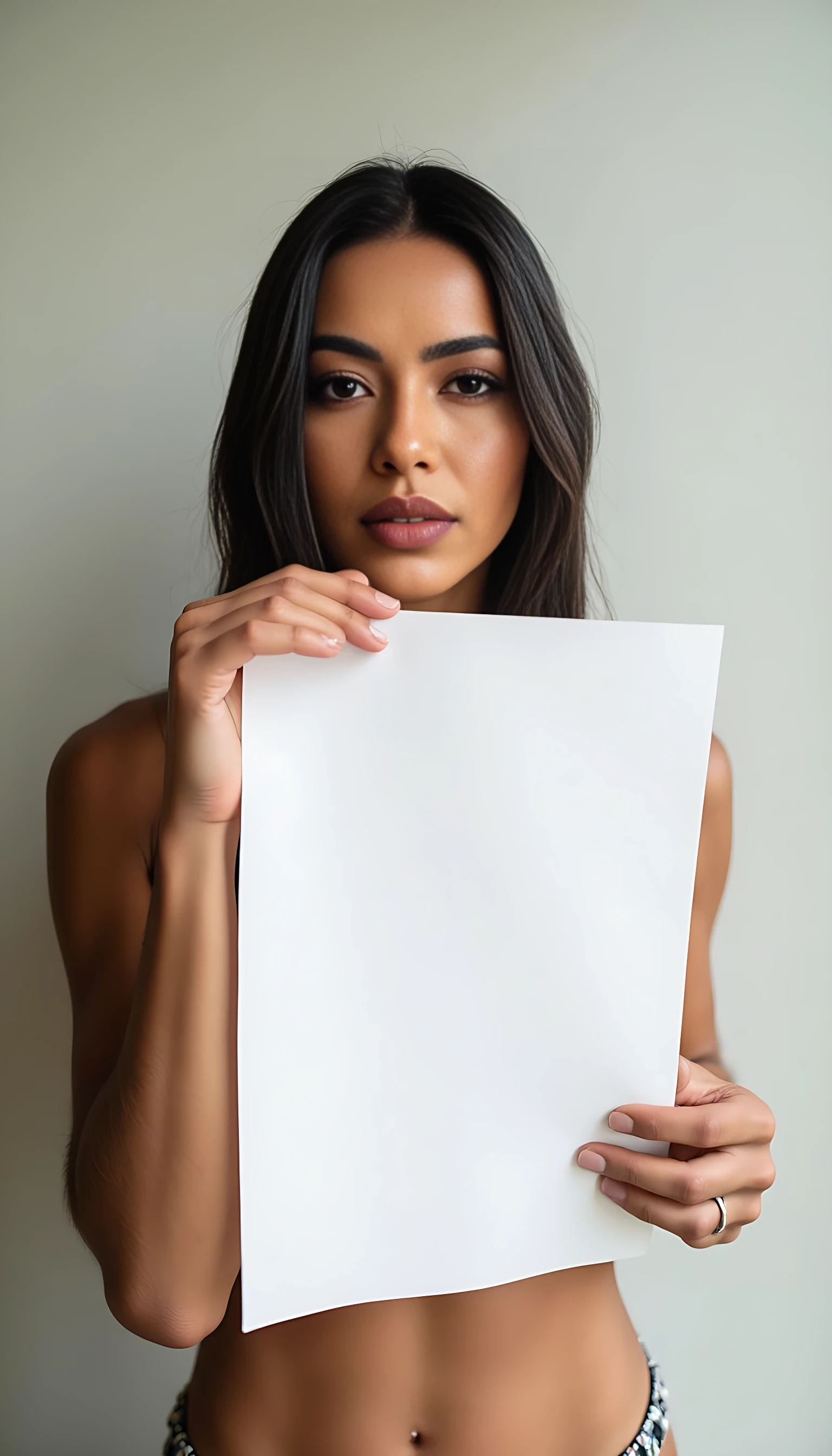 photo of woman CSTMDL, holding a piece of white paper, wall background, natural lighting 