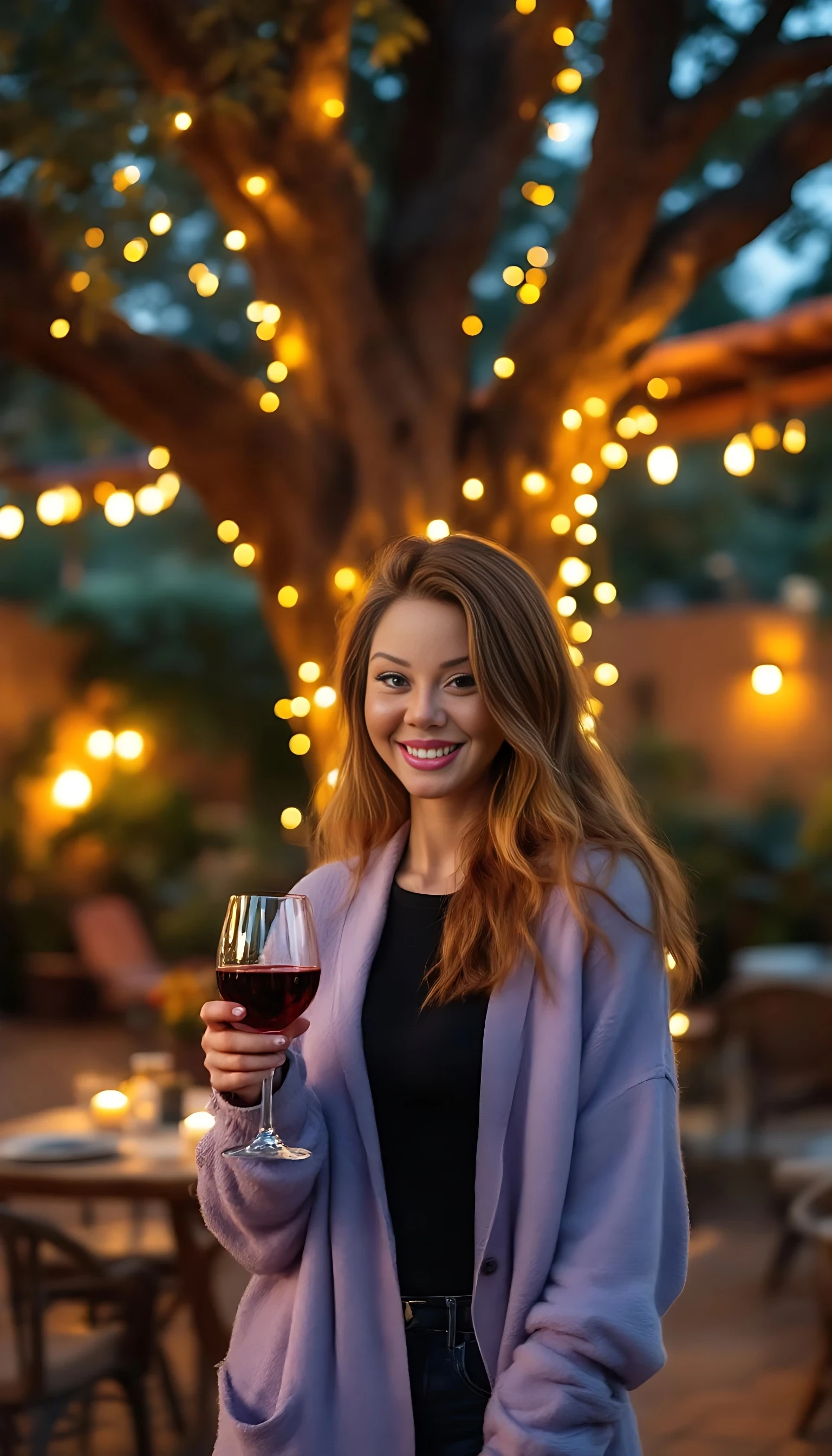 A full body shot photo of a woman standing outdoors at a cozy, warmly lit patio in the evening, with soft, glowing lights wrapped around a tree behind them creating a charming atmosphere. The image is rich in detail, with warm tones and clear textures throughout. The woman has fair skin, a slim build, and long reddish-blonde hair, also worn loose. She is smiling warmly at the camera, holding a glass of red wine in her right hand, and wears a soft-textured lavender cardigan over a black top. The background features a large tree with sparkling string lights wrapped around its trunk and branches, adding a magical touch to the scene. The setting suggests a private outdoor seating area, with elements like terracotta-tiled roofing, greenery, and rattan chairs contributing to a serene, inviting vibe. The overall composition is balanced, with the woman framed against the softly glowing tree, and the lighting enhances the warm, intimate feel of a quiet evening shared among friends. The details are vivid, with textures of clothing, skin, and background elements clearly visible, while the warm lighting creates a relaxed and joyful mood

