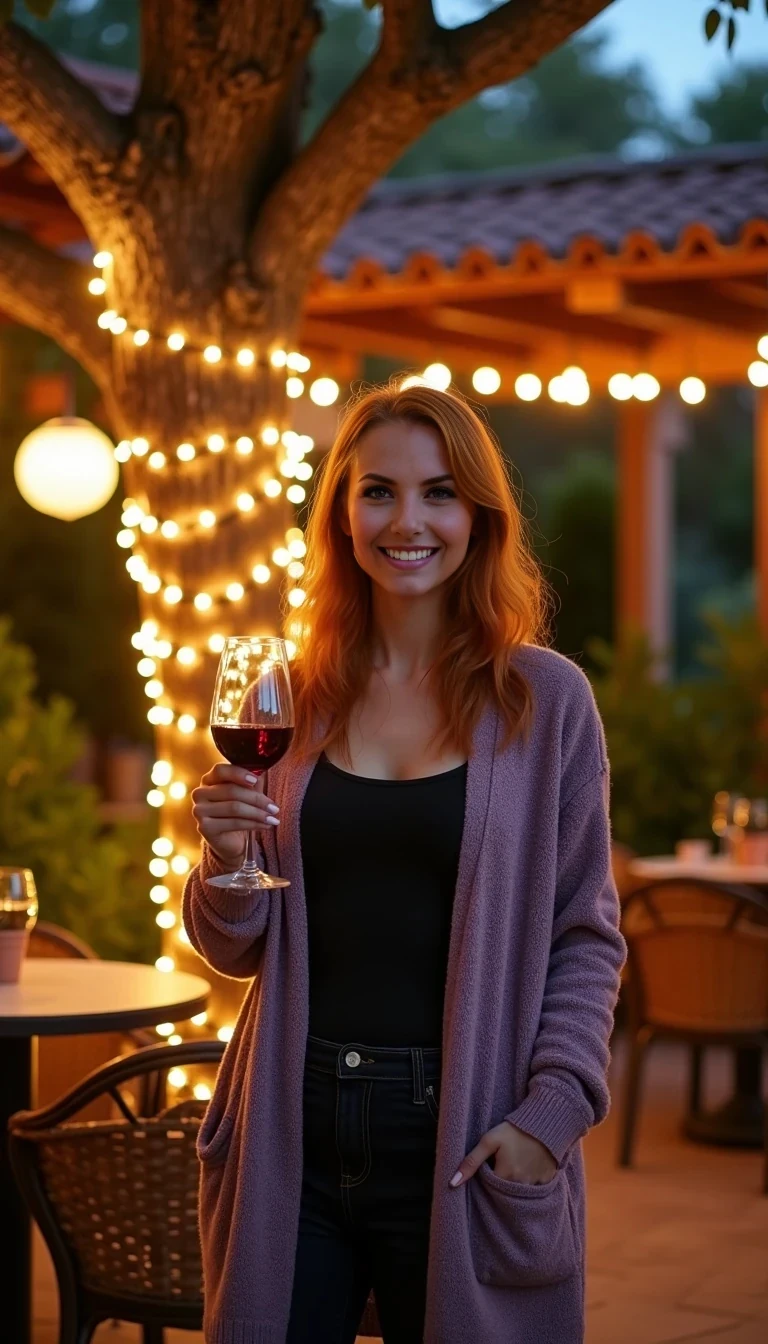 A full body shot photo of a woman standing outdoors at a cozy, warmly lit patio in the evening, with soft, glowing lights wrapped around a tree behind them creating a charming atmosphere. The image is rich in detail, with warm tones and clear textures throughout. The woman has fair skin, a slim build, and long reddish-blonde hair, also worn loose. She is smiling warmly at the camera, holding a glass of red wine in her right hand, and wears a soft-textured lavender cardigan over a black top. The background features a large tree with sparkling string lights wrapped around its trunk and branches, adding a magical touch to the scene. The setting suggests a private outdoor seating area, with elements like terracotta-tiled roofing, greenery, and rattan chairs contributing to a serene, inviting vibe. The overall composition is balanced, with the woman framed against the softly glowing tree, and the lighting enhances the warm, intimate feel of a quiet evening shared among friends. The details are vivid, with textures of clothing, skin, and background elements clearly visible, while the warm lighting creates a relaxed and joyful mood