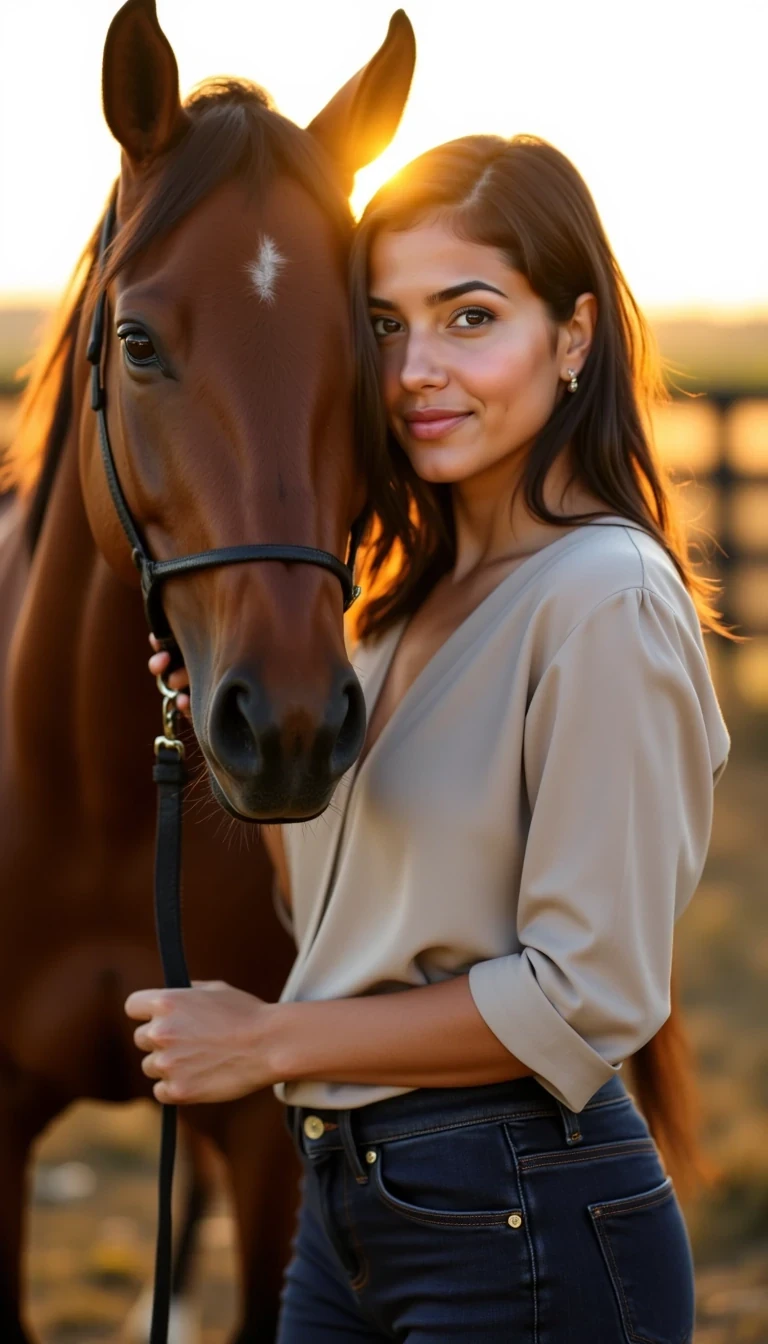 IMG_1578.HEIC
CSTMDL woman outdoors during golden hour, standing beside a dark brown horse on a country trail. She holds the reins gently in one hand and looks toward the camera with a confident, relaxed smile. Her hair moves lightly in the breeze, sunlight creating a soft golden glow on her skin. She’s wearing fitted dark blue jeans and a light, stylish blouse, paired with subtle jewelry — necklace, earrings, and bracelet. The horse’s coat shines under the warm light, background softly blurred with fields and fencing. Natural iPhone-style photo, realistic lighting, influencer vibe, full-body framing showing both woman and horse clearly.
–no airbrushed skin, no plastic shine, no distorted anatomy, no duplicate faces, no studio lighting