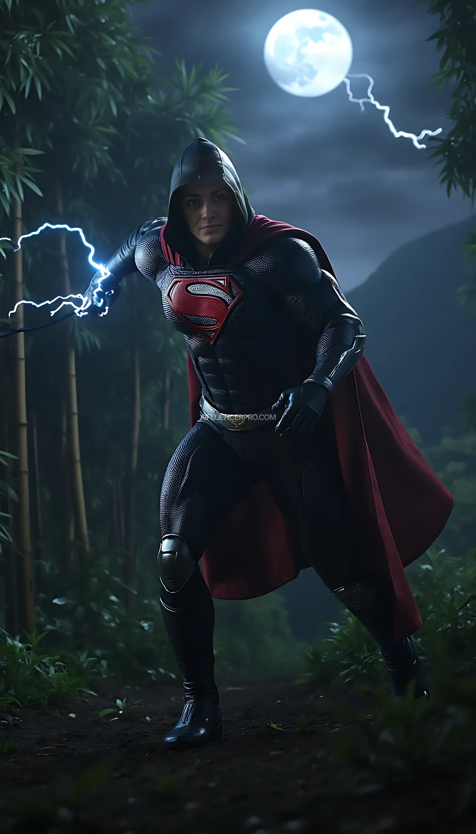 A photorealistic Superman wearing a modified ninja-inspired suit, poised to strike in an aggressive attacking pose. The suit is sleek and metallic, seamlessly merging robotic elements with armor plating. He dons a traditional ninja hooded cloak, enhancing his aura of precision and strength. In his hand, he wields an electrifying katana. The iconic 'S' symbol on his chest. The scene is set in a misty bamboo forest at night, where moonlight pierces through the dense foliage, casting sharp contrasts of light and shadow. A distant thunderstorm flashes faint lightning in the horizon, adding to the high-stakes, cinematic atmosphere. Superman lunges forward, his cape rippling as he becomes a striking figure in this otherworldly, dramatic setting.