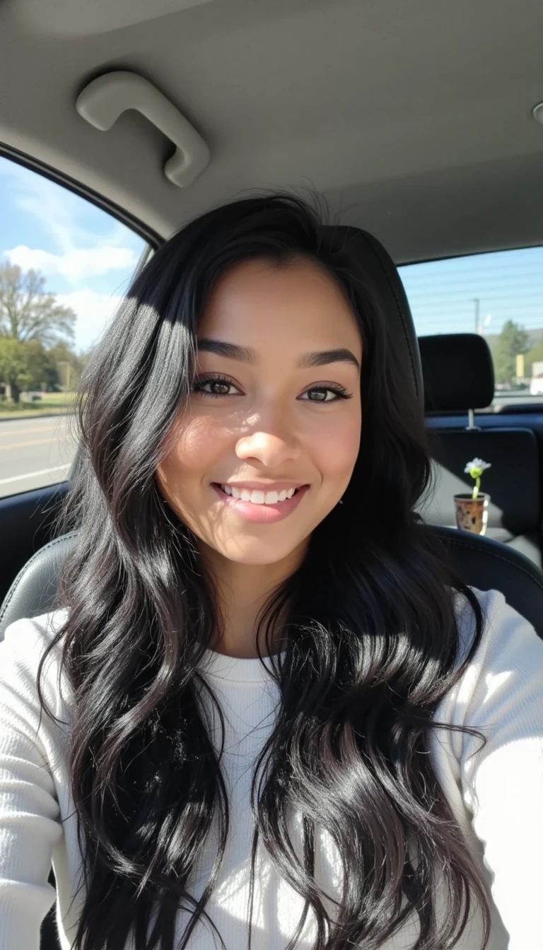 boring low quality snapchat photo circa 2015, A young woman CSTMDL  with a warm smile, sitting in the driver's seat of a cozy car. She has soft, wavy black hair cascading past her shoulders. The sunlight streams through the window, casting a gentle glow on her face. The interior of the car is neat and comfortable, with a coffee cup in the cup holder and a small plant on the dashboard. The background outside the window shows a scenic road lined with trees and blue skies