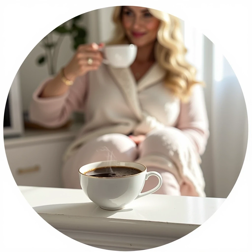  a steaming coffee cup resting on a windowsill, drawn in elegant white or gold line-art style. Soft early morning light filters in, casting gentle shadows. In the blurred background, a blonde woman with voluminous curls (same model as @softobsessionalina) is seen in cozy loungewear, softly smiling while holding the cup. The scene radiates warmth, intimacy, and slow mornings. Transparent background, circular frame, feminine glow.