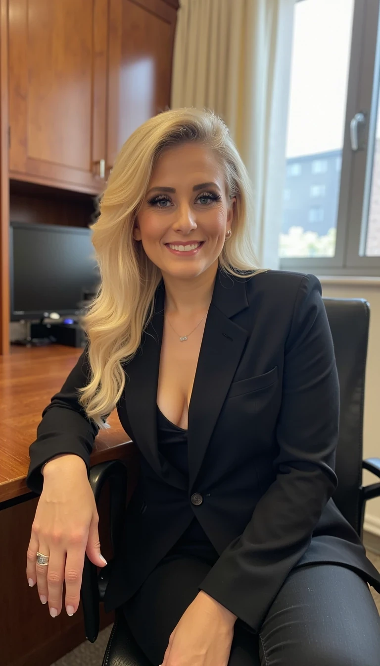 iphone portrait of CSTMDL blonde woman  
Wearing a high fashion blazer, very bold, sitting on the corner of an executive desk 