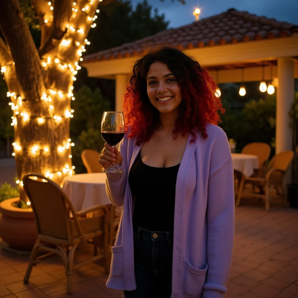 A full body shot photo of a woman standing outdoors at a cozy, warmly lit patio in the evening, with soft, glowing lights wrapped around a tree behind them creating a charming atmosphere. The image is rich in detail, with warm tones and clear textures throughout. The woman has lightly tanned skin, a slim curvy build medium breast, wide hips, thick thighs, medium ass, and black and vivid red medium curly hair, also worn loose. She is smiling warmly at the camera, holding a glass of red wine in her right hand, and wears a soft-textured lavender cardigan over a black top. The background features a large tree with sparkling string lights wrapped around its trunk and branches, adding a magical touch to the scene. The setting suggests a private outdoor seating area, with elements like terracotta-tiled roofing, greenery, and rattan chairs contributing to a serene, inviting vibe. The overall composition is balanced, with the woman framed against the softly glowing tree, and the lighting enhances the warm, intimate feel of a quiet evening shared among friends. The details are vivid, with textures of clothing, skin, and background elements clearly visible, while the warm lighting creates a relaxed and joyful mood