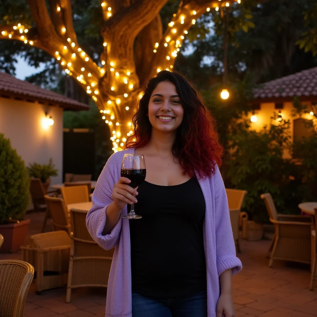 A full body shot photo of a woman standing outdoors at a cozy, warmly lit patio in the evening, with soft, glowing lights wrapped around a tree behind them creating a charming atmosphere. The image is rich in detail, with warm tones and clear textures throughout. The woman has lightly tanned skin, a slim curvy build medium breast, wide hips, thick thighs, medium ass, and black and vivid red medium curly hair, also worn loose. She is smiling warmly at the camera, holding a glass of red wine in her right hand, and wears a soft-textured lavender cardigan over a black top. The background features a large tree with sparkling string lights wrapped around its trunk and branches, adding a magical touch to the scene. The setting suggests a private outdoor seating area, with elements like terracotta-tiled roofing, greenery, and rattan chairs contributing to a serene, inviting vibe. The overall composition is balanced, with the woman framed against the softly glowing tree, and the lighting enhances the warm, intimate feel of a quiet evening shared among friends. The details are vivid, with textures of clothing, skin, and background elements clearly visible, while the warm lighting creates a relaxed and joyful mood