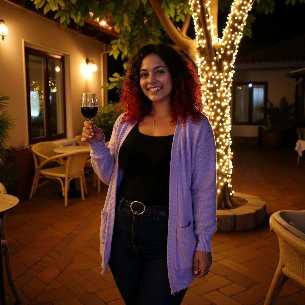 A full body shot photo of a woman standing outdoors at a cozy, warmly lit patio in the evening, with soft, glowing lights wrapped around a tree behind them creating a charming atmosphere. The image is rich in detail, with warm tones and clear textures throughout. The woman has lightly tanned skin, a slim curvy build medium breast, wide hips, thick thighs, medium ass, and black and vivid red medium curly hair, also worn loose. She is smiling warmly at the camera, holding a glass of red wine in her right hand, and wears a soft-textured lavender cardigan over a black top. The background features a large tree with sparkling string lights wrapped around its trunk and branches, adding a magical touch to the scene. The setting suggests a private outdoor seating area, with elements like terracotta-tiled roofing, greenery, and rattan chairs contributing to a serene, inviting vibe. The overall composition is balanced, with the woman framed against the softly glowing tree, and the lighting enhances the warm, intimate feel of a quiet evening shared among friends. The details are vivid, with textures of clothing, skin, and background elements clearly visible, while the warm lighting creates a relaxed and joyful mood